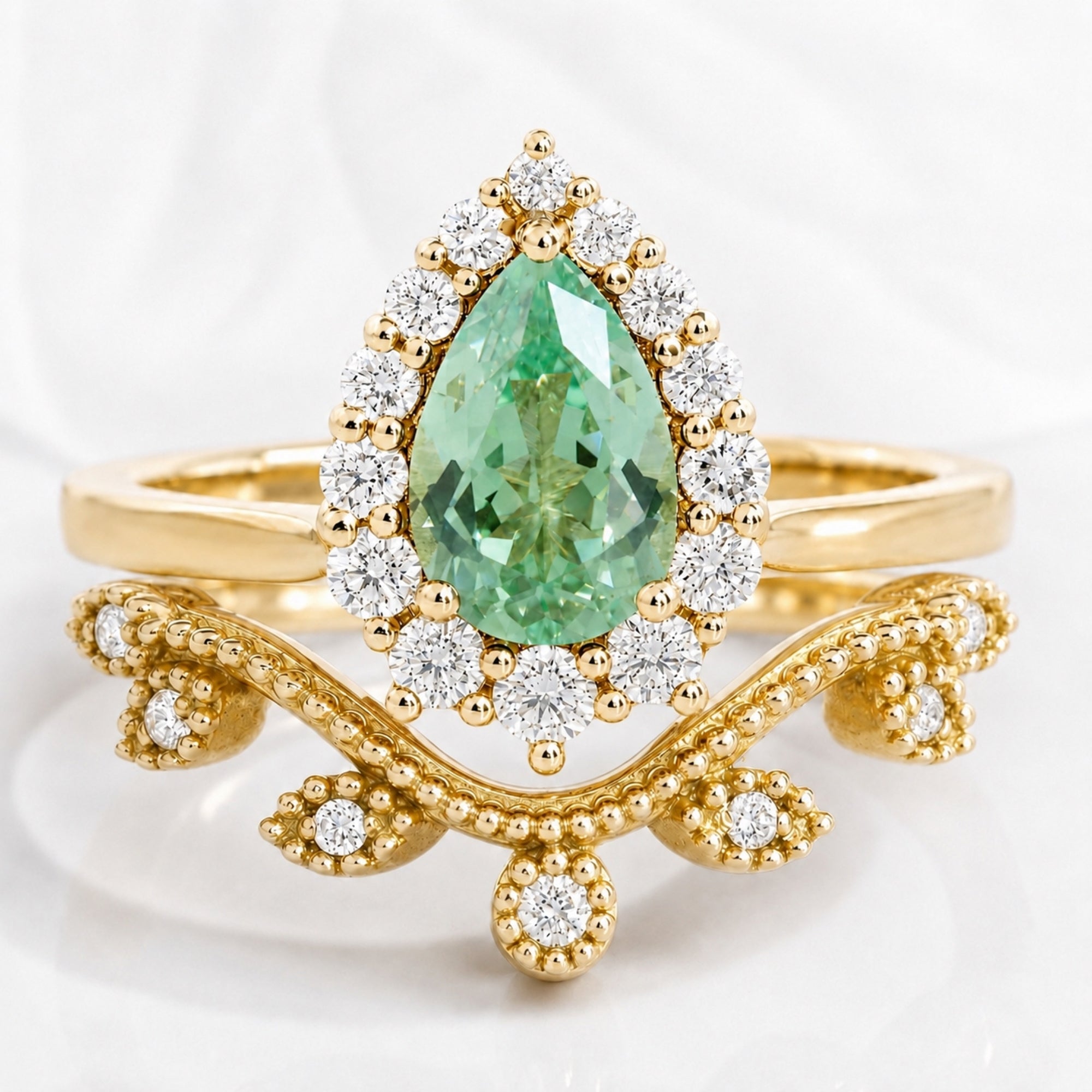 Pear green sapphire halo engagement ring bridal set and natural inspired curved diamond wedding band stack la more design jewelry-YELLOW GOLD