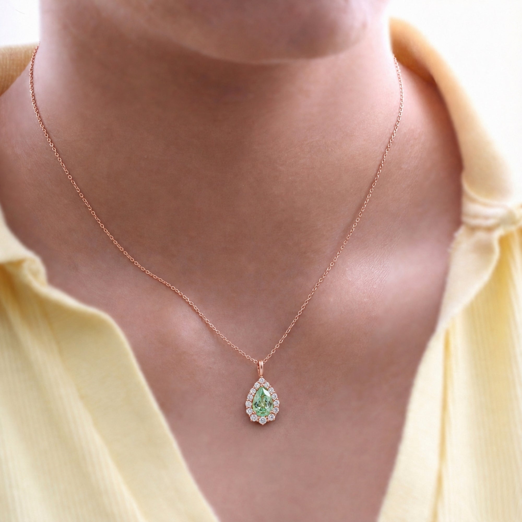 Pear green sapphire necklace rose gold halo diamond sapphire pendant gold chain la more design jewelry