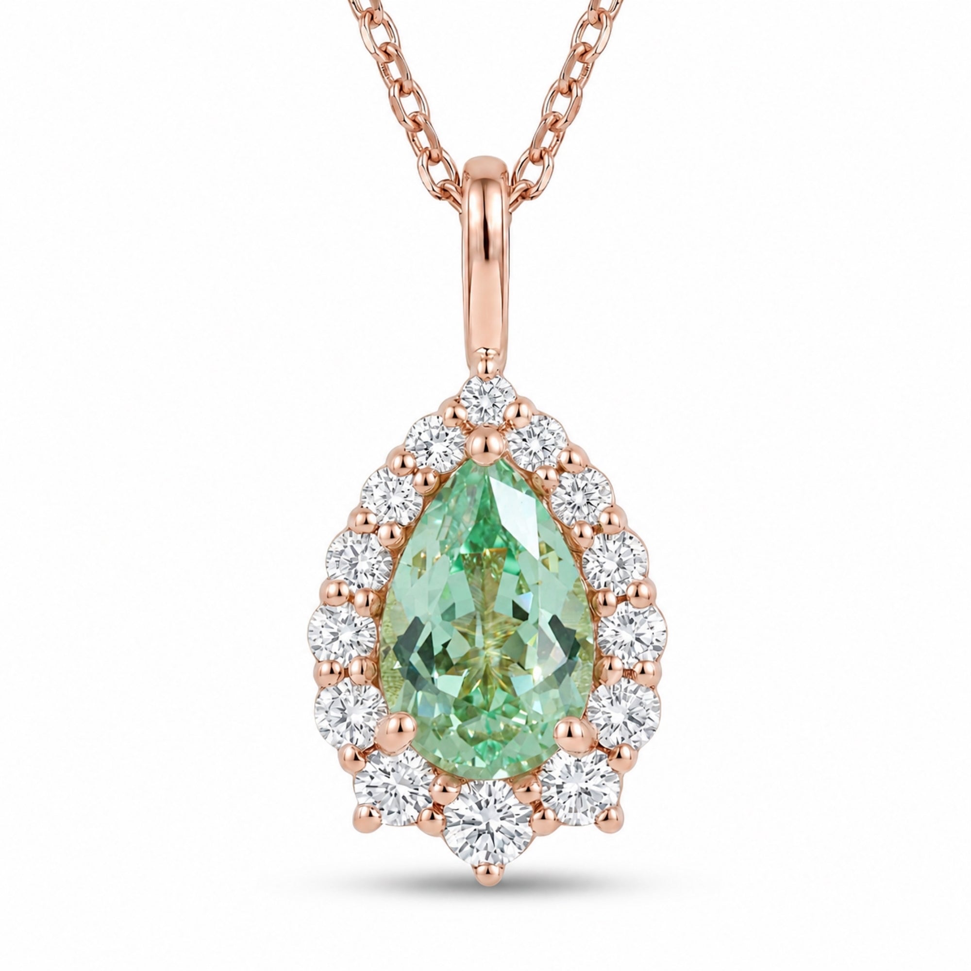 Pear green sapphire necklace rose gold halo diamond sapphire pendant gold chain la more design jewelry
