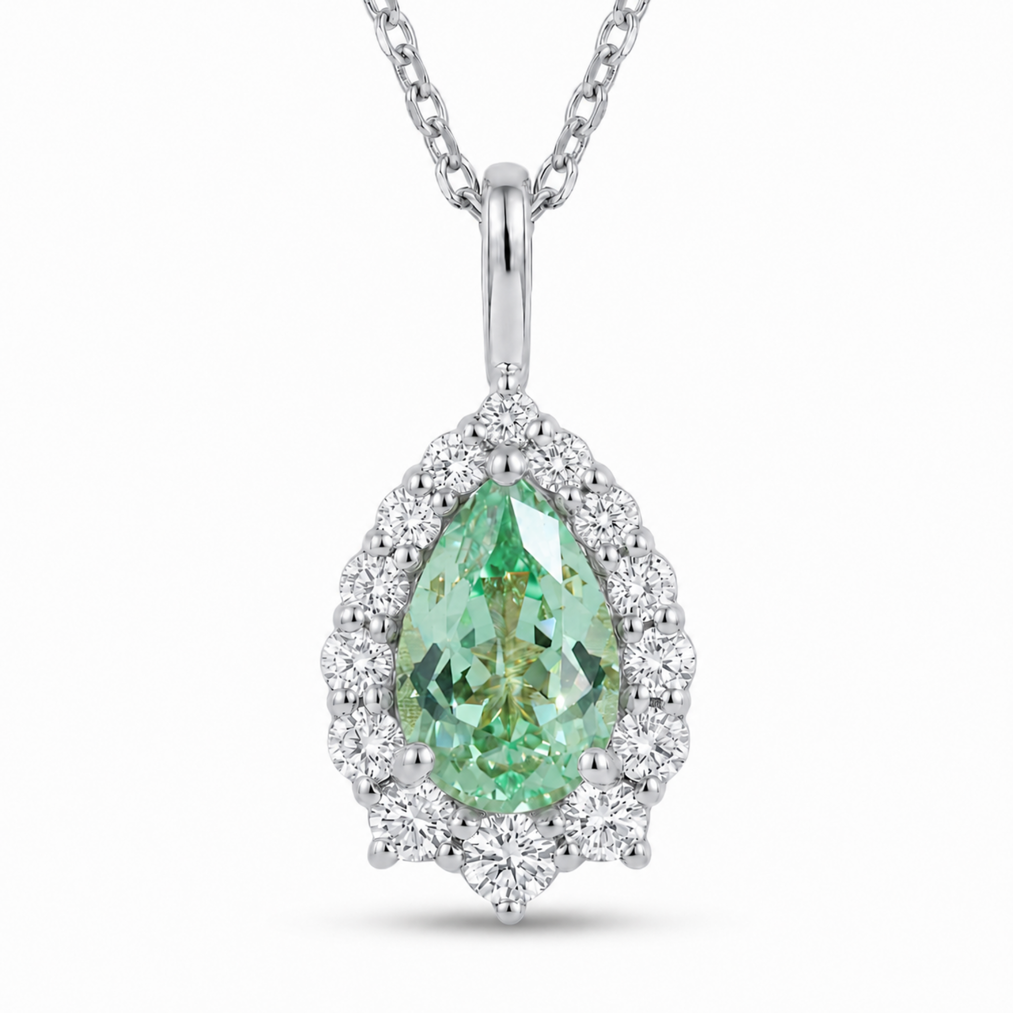 Pear green sapphire necklace white gold halo diamond sapphire pendant gold chain la more design jewelry