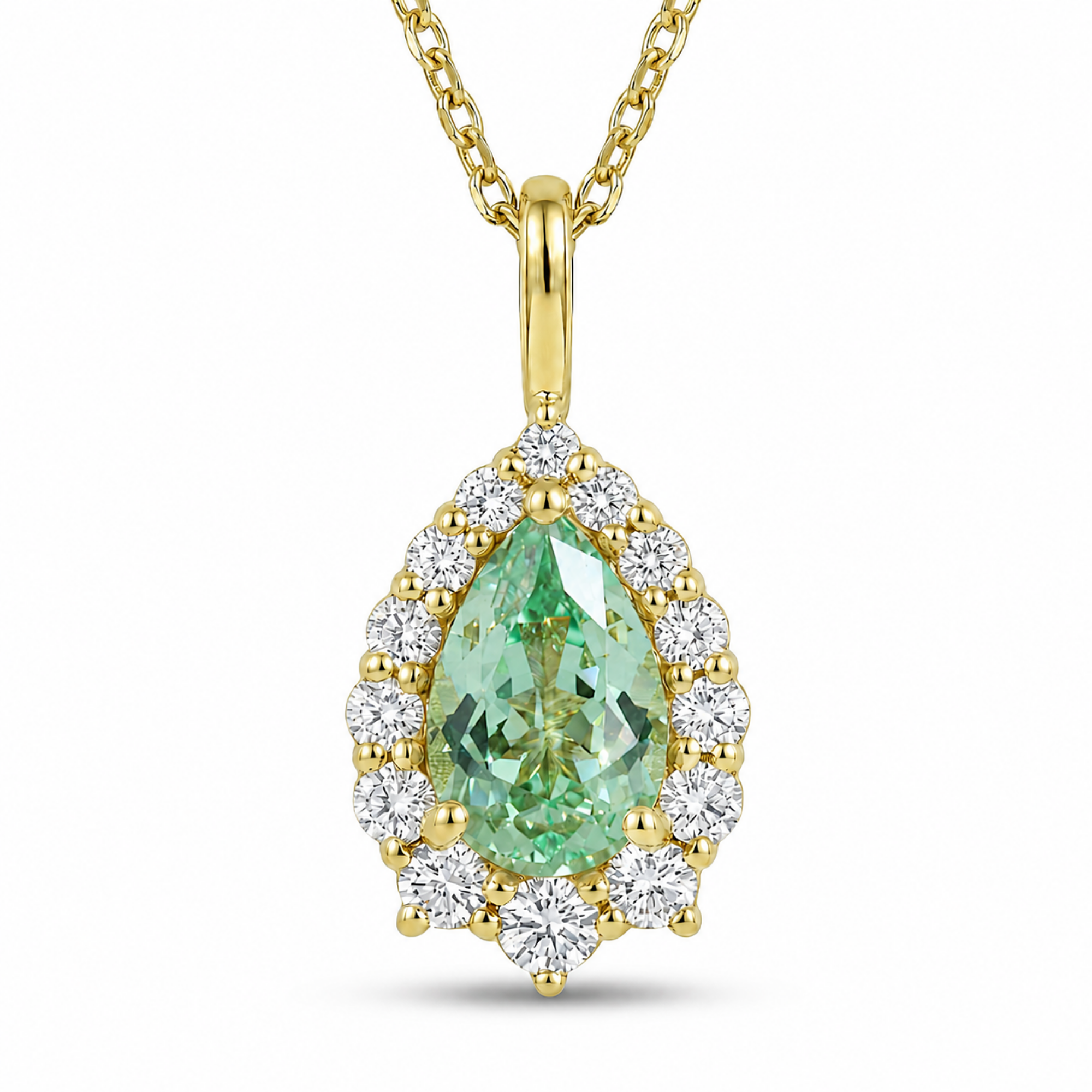 Pear green sapphire necklace yellow gold halo diamond sapphire pendant gold chain la more design jewelry