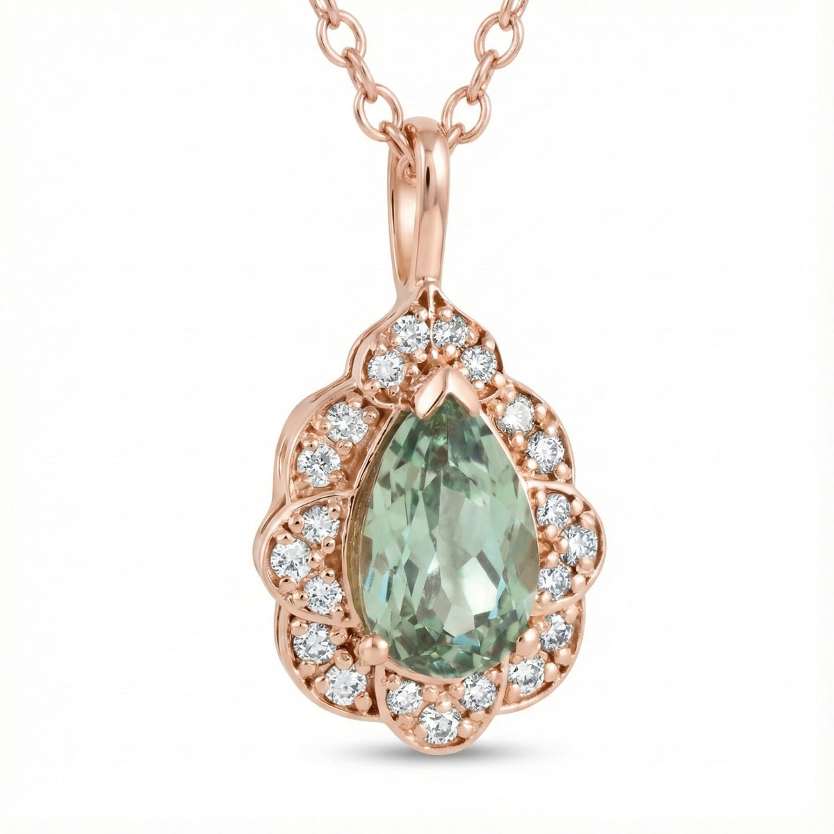 Pear green sapphire pendant rose gold vintage floral halo diamond sapphire necklace la more design jewelry