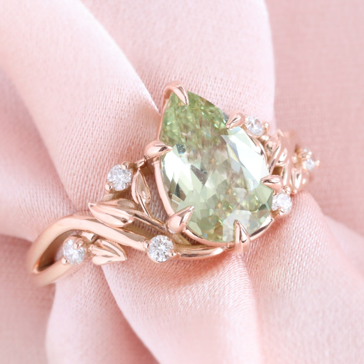 Pear green sapphire ring rose gold floral leaf diamond sea green sapphire solitaire ring la more design jewelry