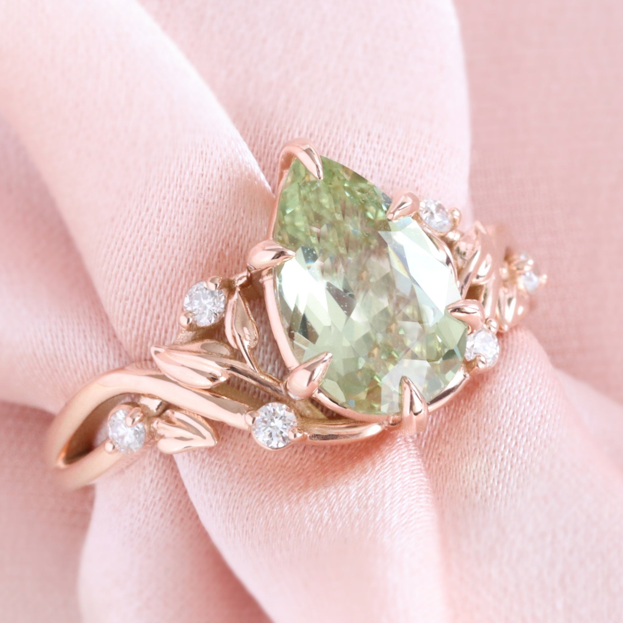 Pear green sapphire ring rose gold floral leaf diamond sea green sapphire solitaire ring la more design jewelry