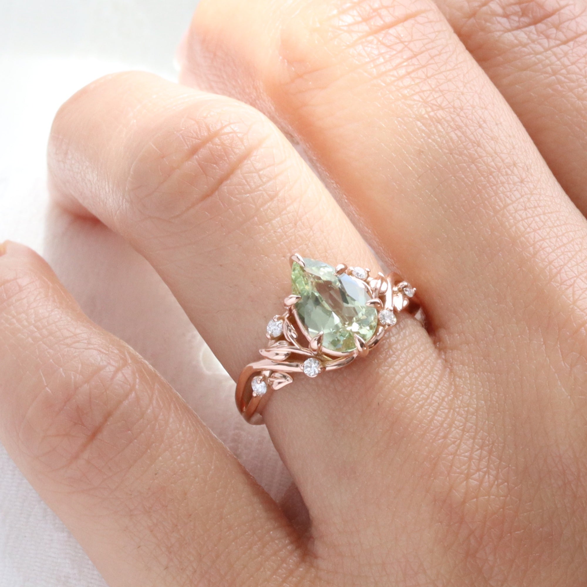 Pear green sapphire ring rose gold floral leaf diamond sea green sapphire solitaire ring la more design jewelry