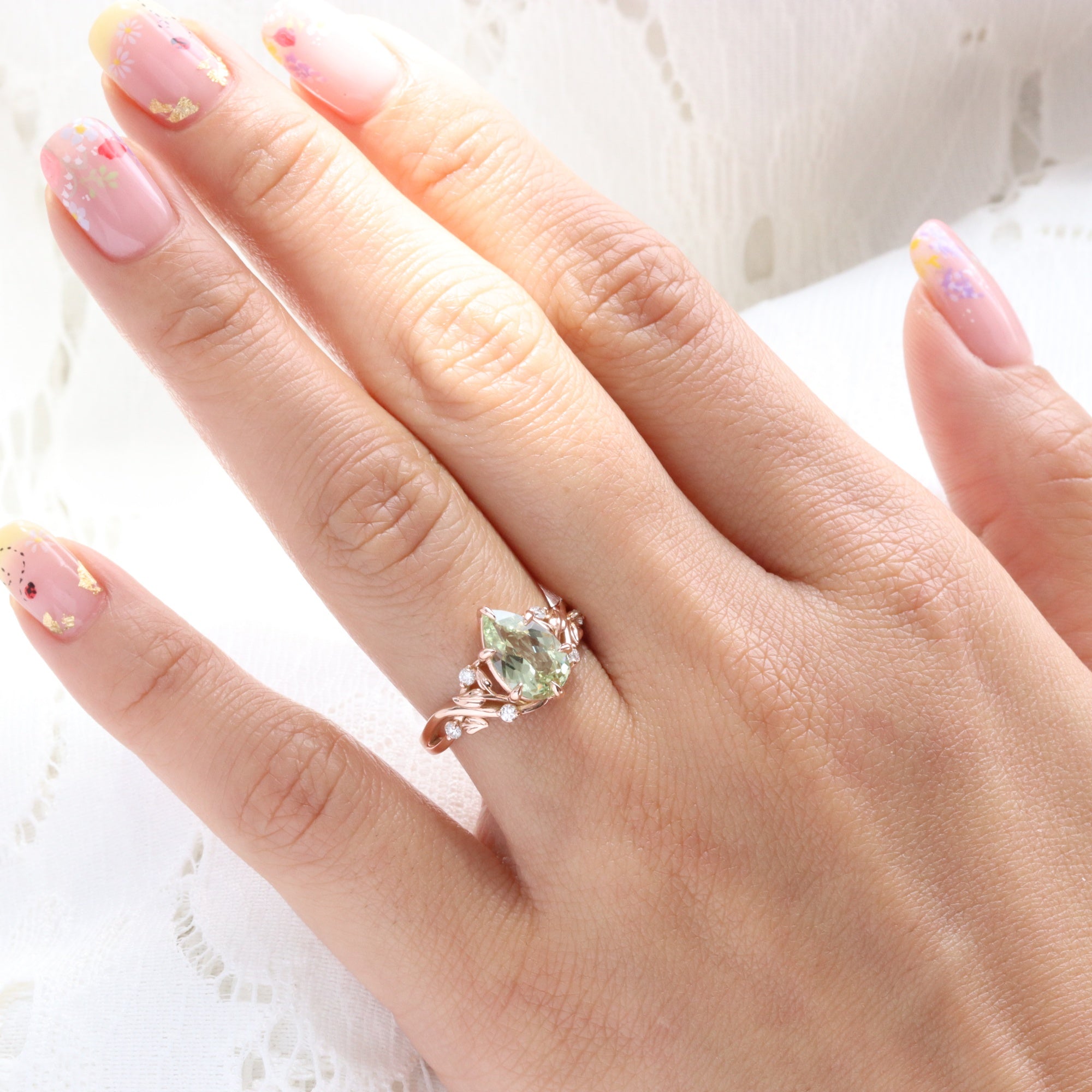 Pear green sapphire ring rose gold floral leaf diamond sea green sapphire solitaire ring la more design jewelry