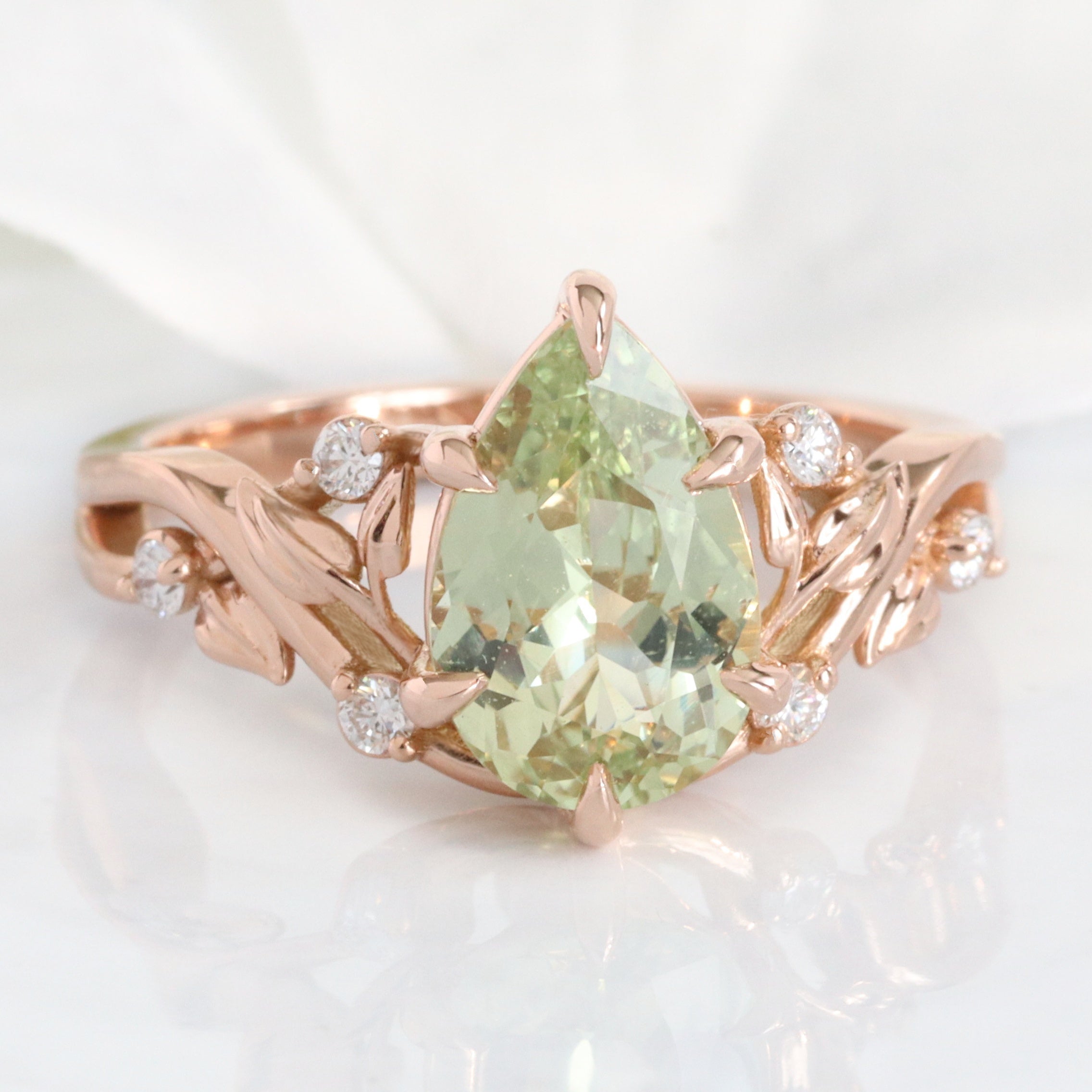 Pear green sapphire ring rose gold floral leaf diamond sea green sapphire solitaire ring la more design jewelry