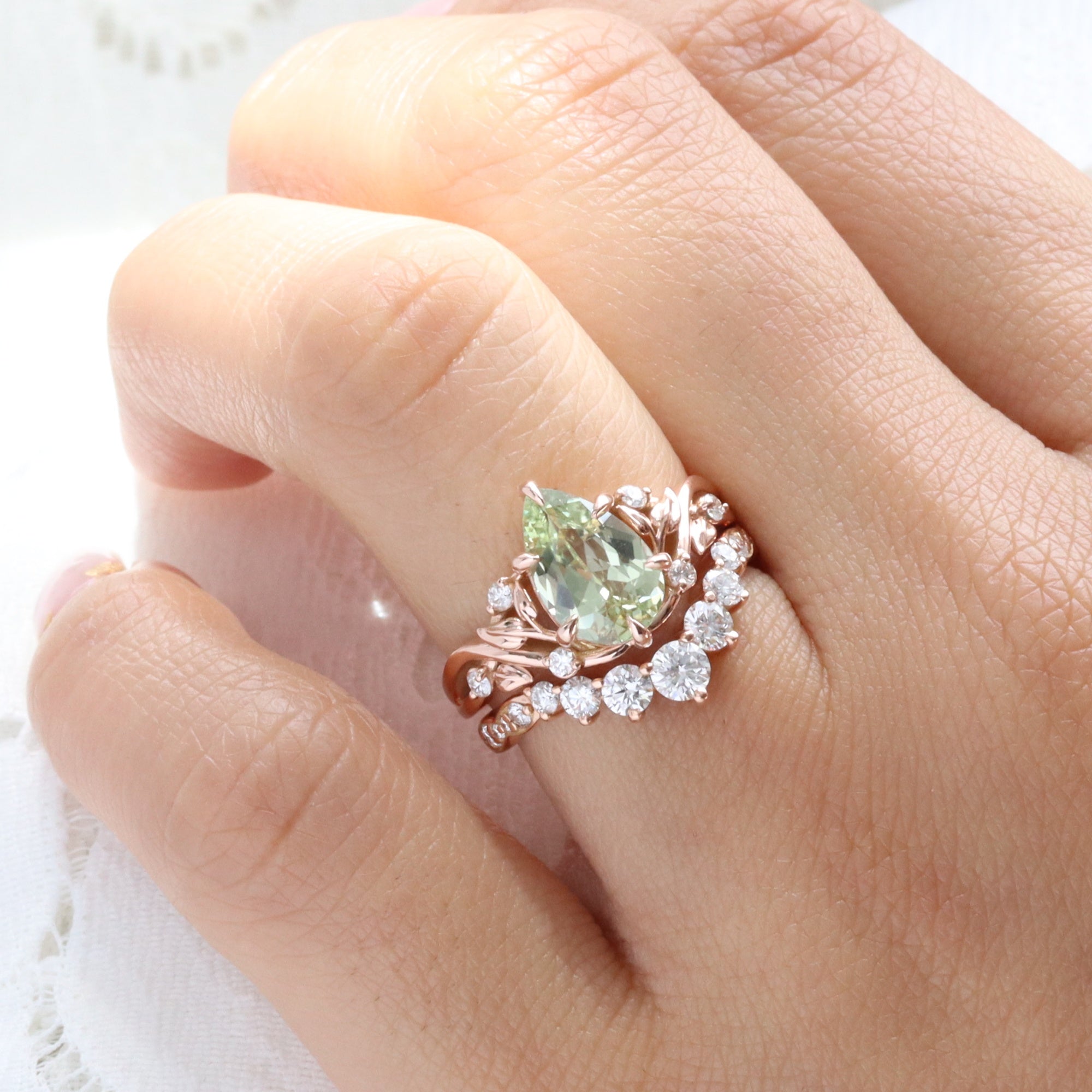 Pear green sapphire ring rose gold floral leaf diamond sea green sapphire solitaire ring la more design jewelry