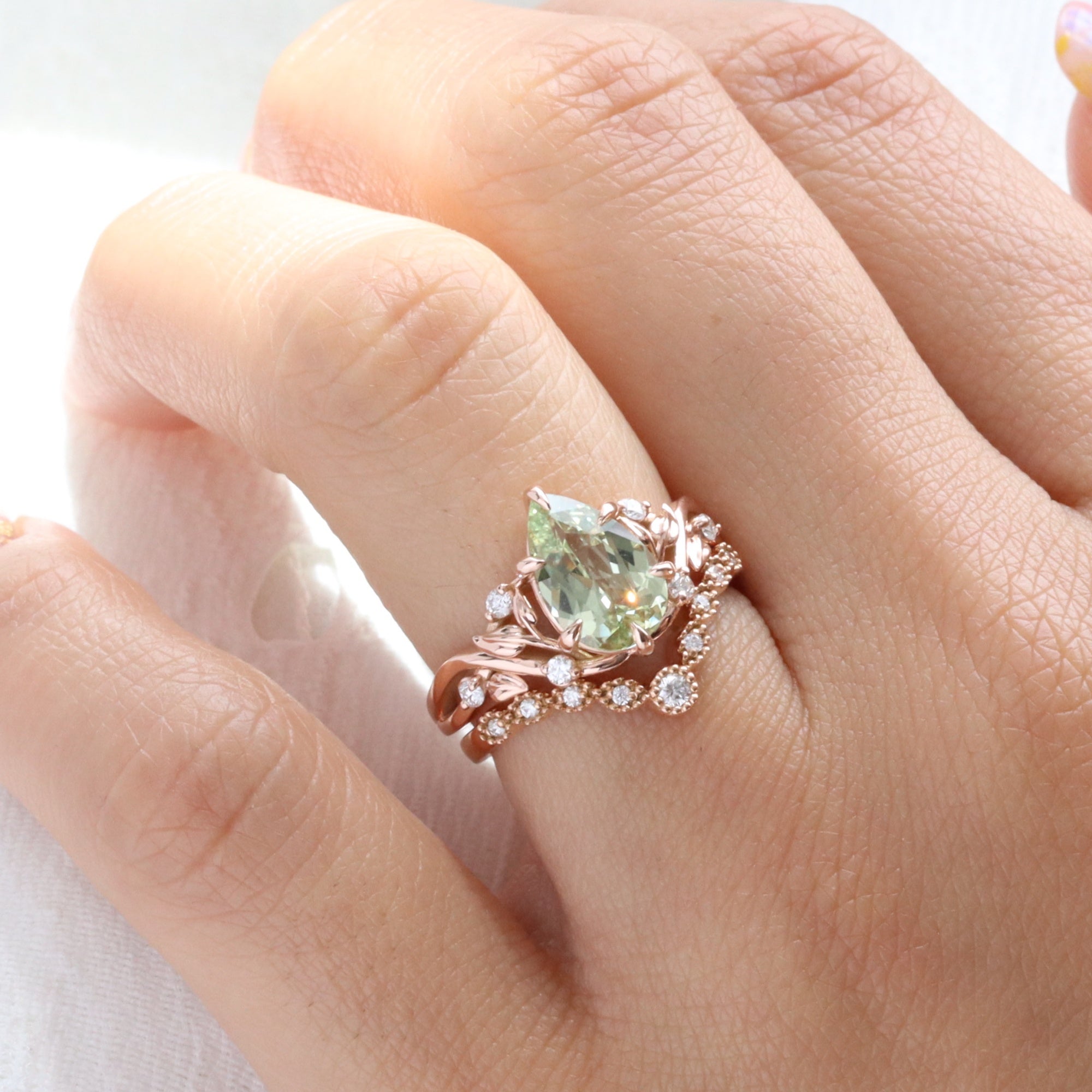 Pear green sapphire ring rose gold floral leaf diamond sea green sapphire solitaire ring la more design jewelry