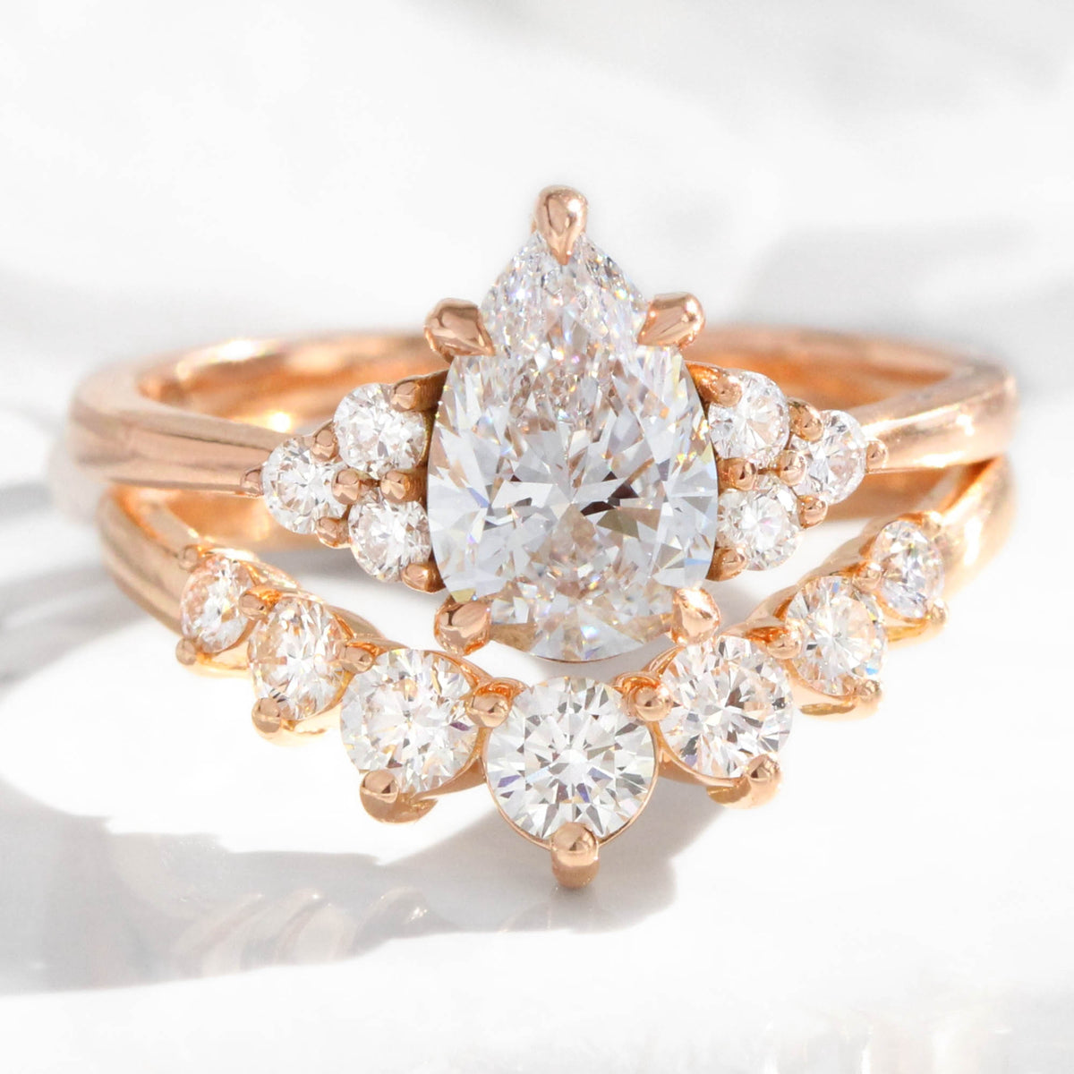 Pear lab diamond 3 stone engagement ring bridal set rose gold contour diamond wedding band la more design jewelry
