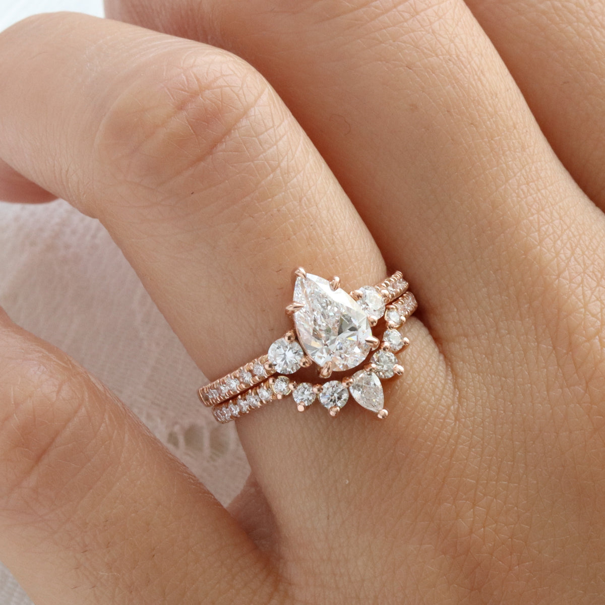 Pear lab diamond 3 stone ring bridal set rose gold U shaped diamond wedding band la more design jewelry