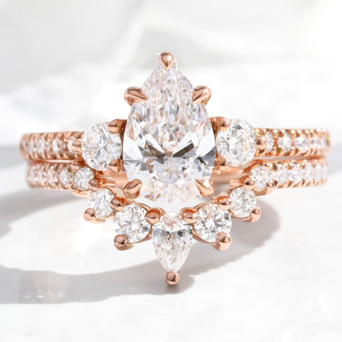 Pear lab diamond 3 stone ring bridal set rose gold U shaped diamond wedding band la more design jewelry