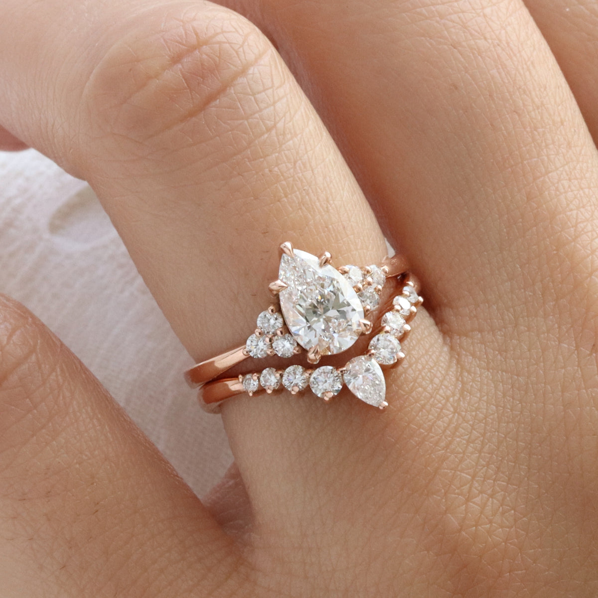 Pear lab diamond 3 stone ring bridal set rose gold V shaped diamond wedding band la more design jewelry