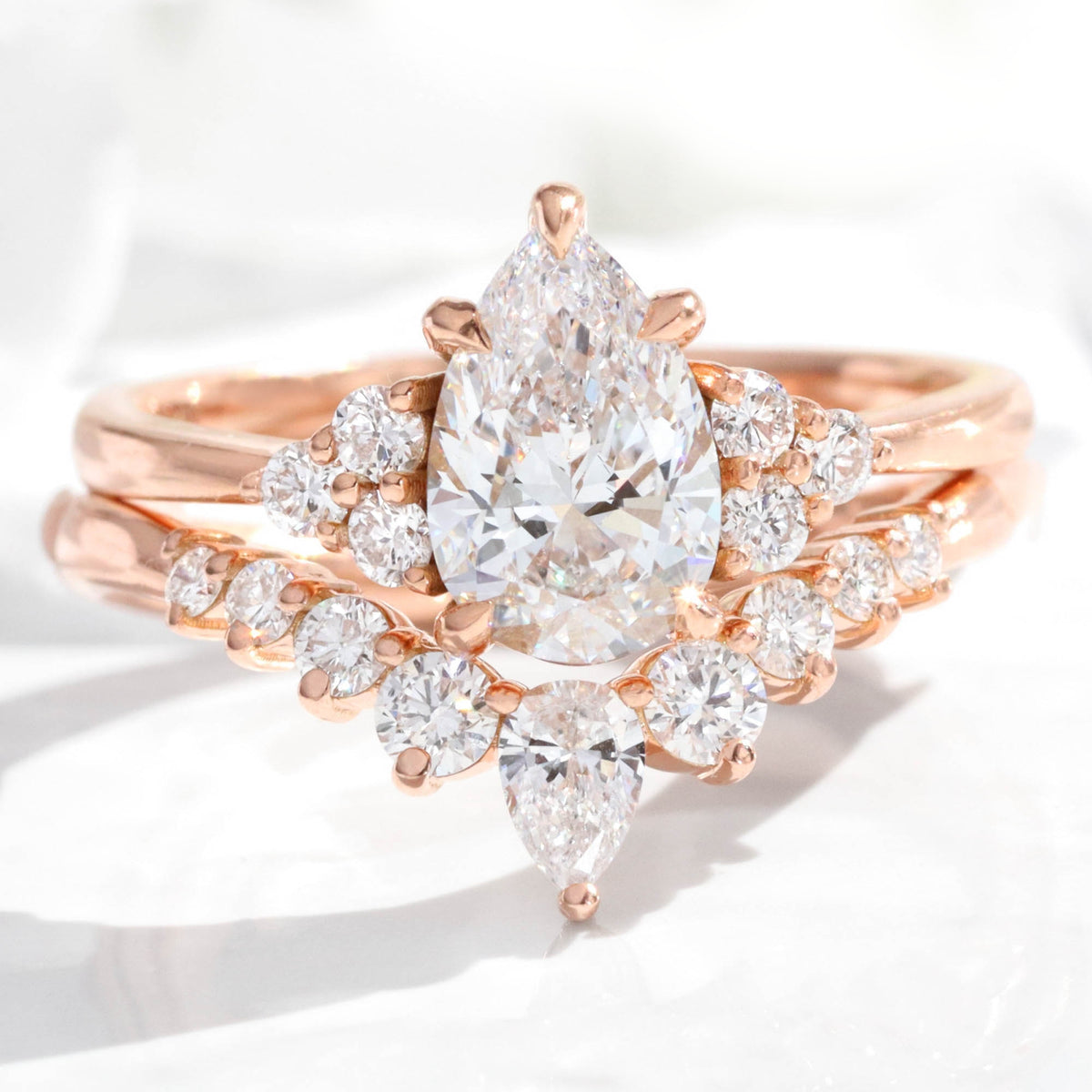 Pear lab diamond 3 stone ring bridal set rose gold V shaped diamond wedding band la more design jewelry