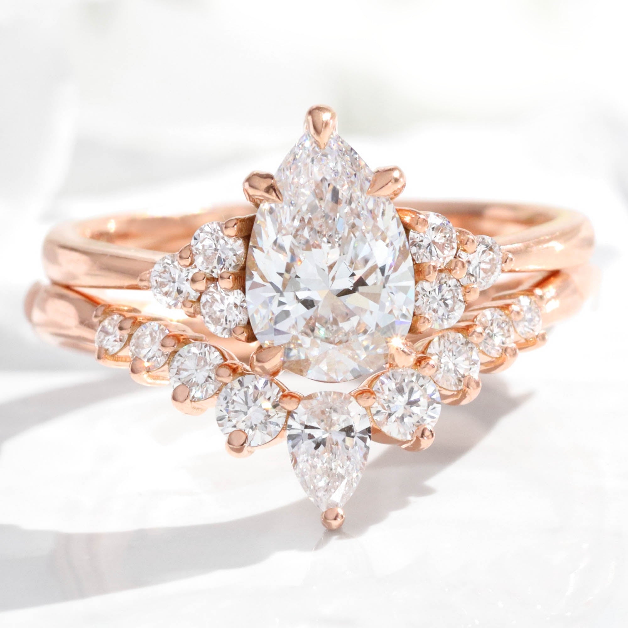 3 Stone Lab Grown Diamond Ring Bridal Set Gold Pear Three Stone Ring ...