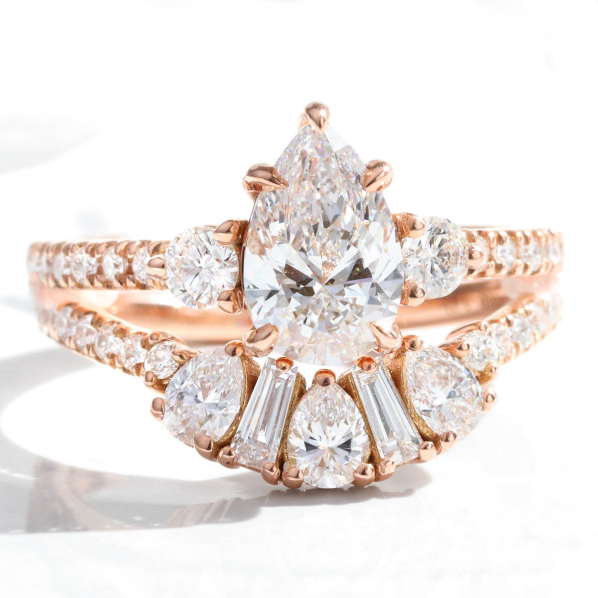 Pear lab diamond 3 stone ring bridal set rose gold art deco diamond wedding band la more design jewelry