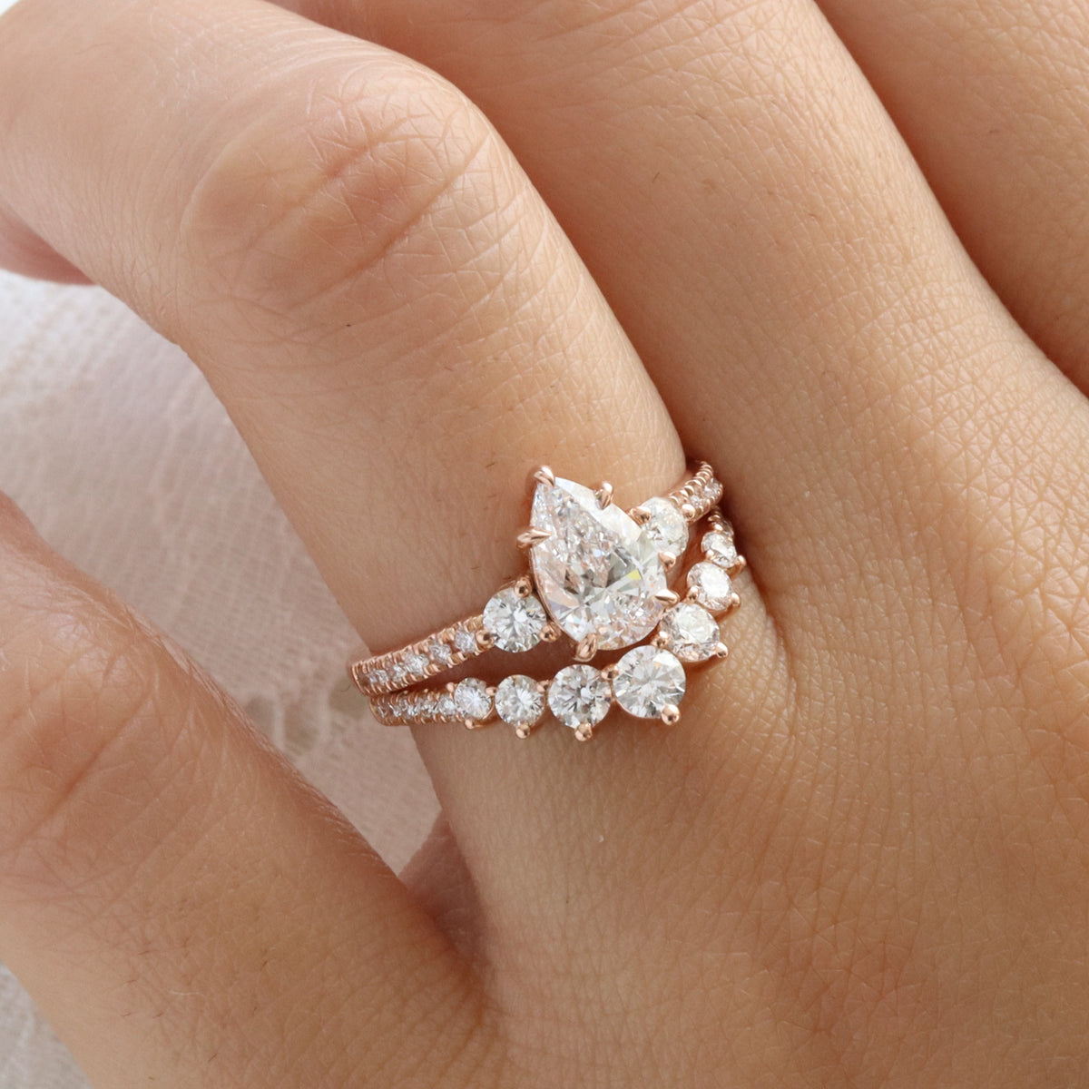 Pear lab diamond 3 stone ring bridal set rose gold contour diamond wedding band la more design jewelry