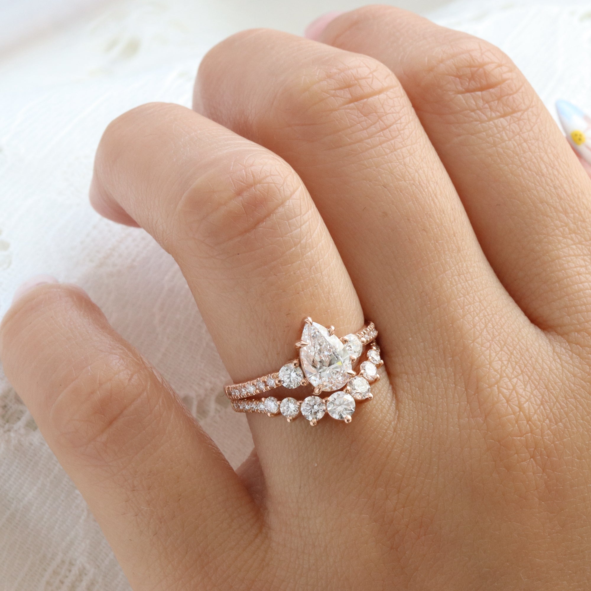 Pear lab diamond 3 stone ring bridal set rose gold contour diamond wedding band la more design jewelry