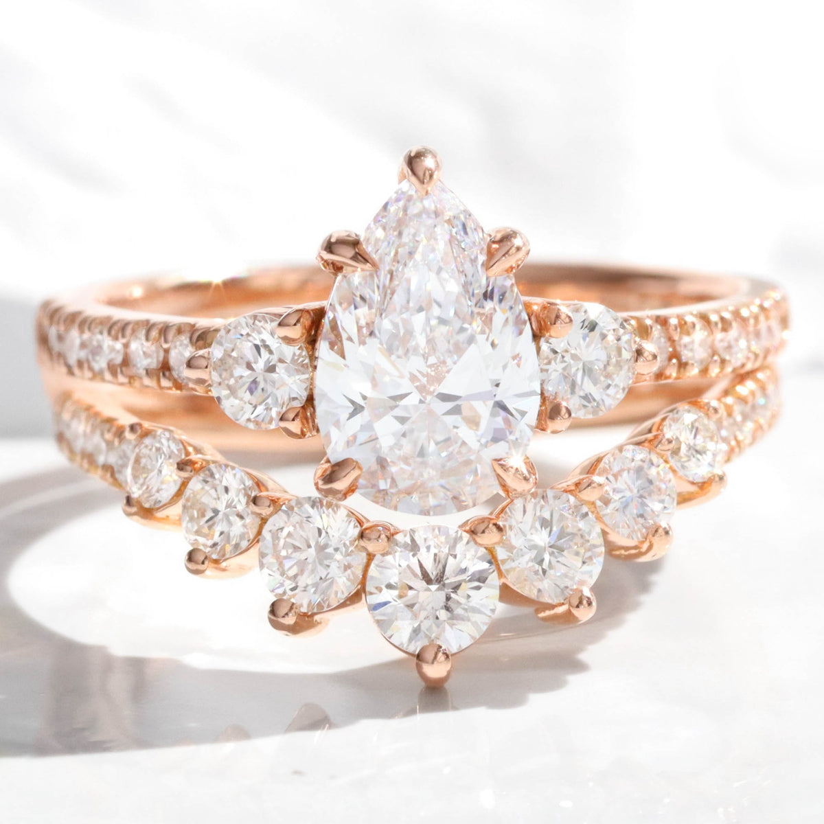 Pear lab diamond 3 stone ring bridal set rose gold contour diamond wedding band la more design jewelry