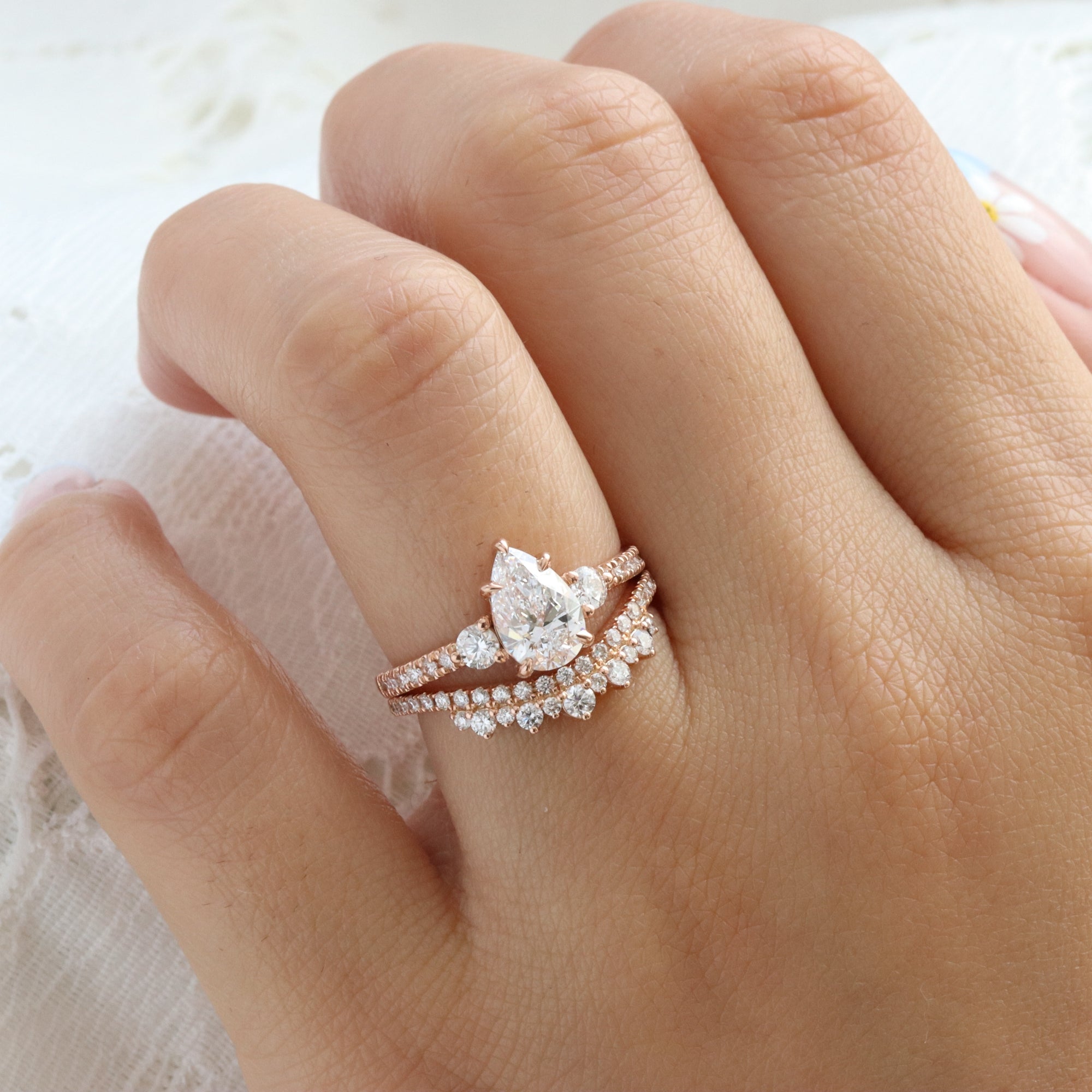 Pear lab diamond 3 stone ring bridal set rose gold crown curved diamond wedding band la more design jewelry