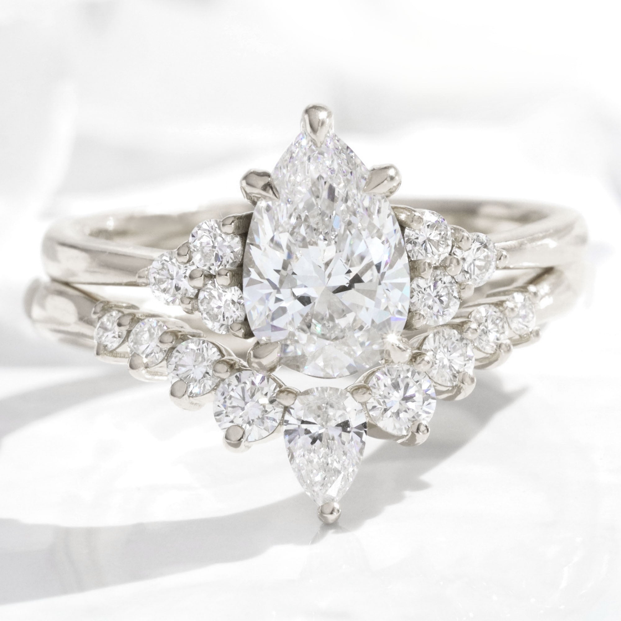 Pear lab diamond 3 stone ring bridal set white gold V shaped diamond wedding band la more design jewelry