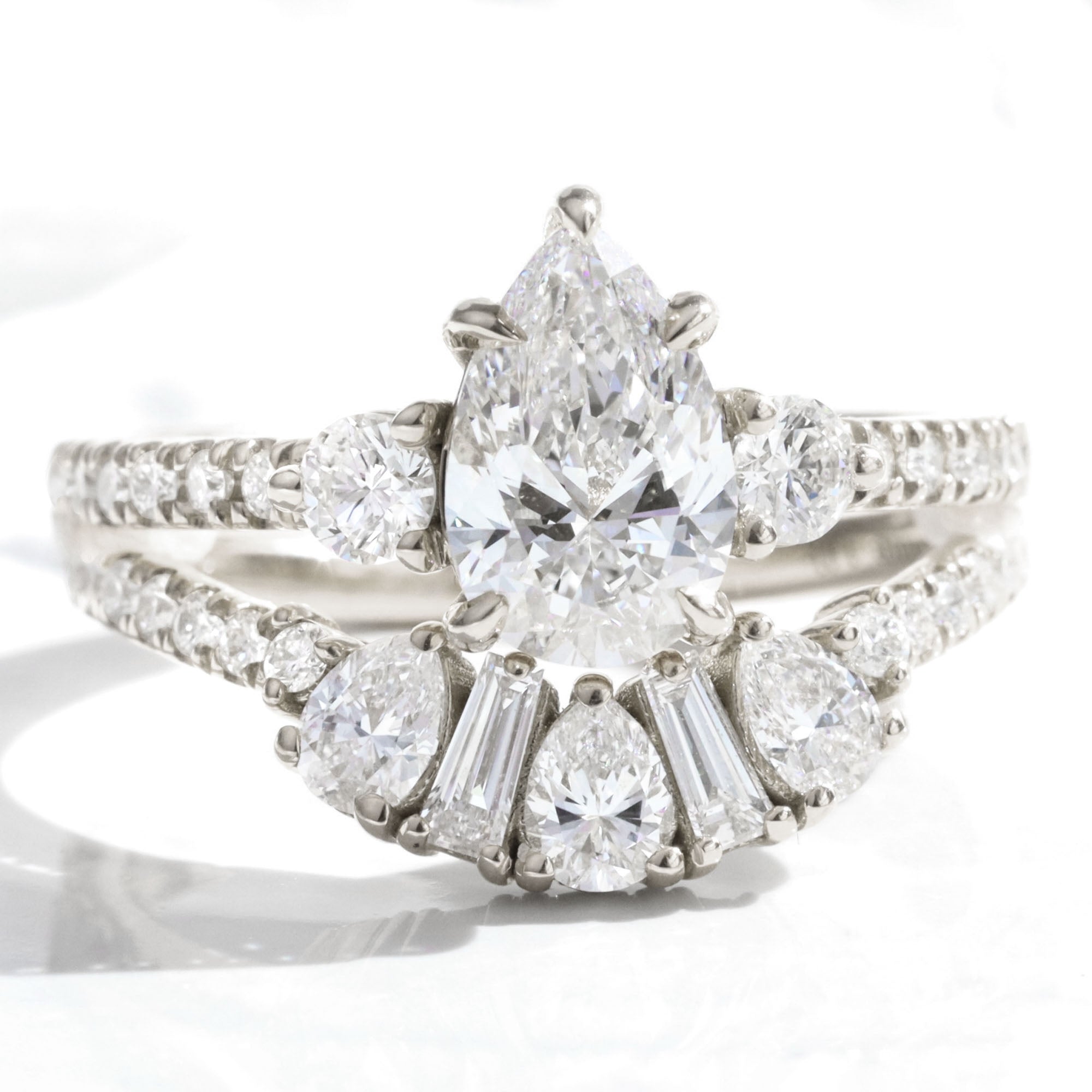 Pear lab diamond 3 stone ring bridal set white gold art deco diamond wedding band la more design jewelry