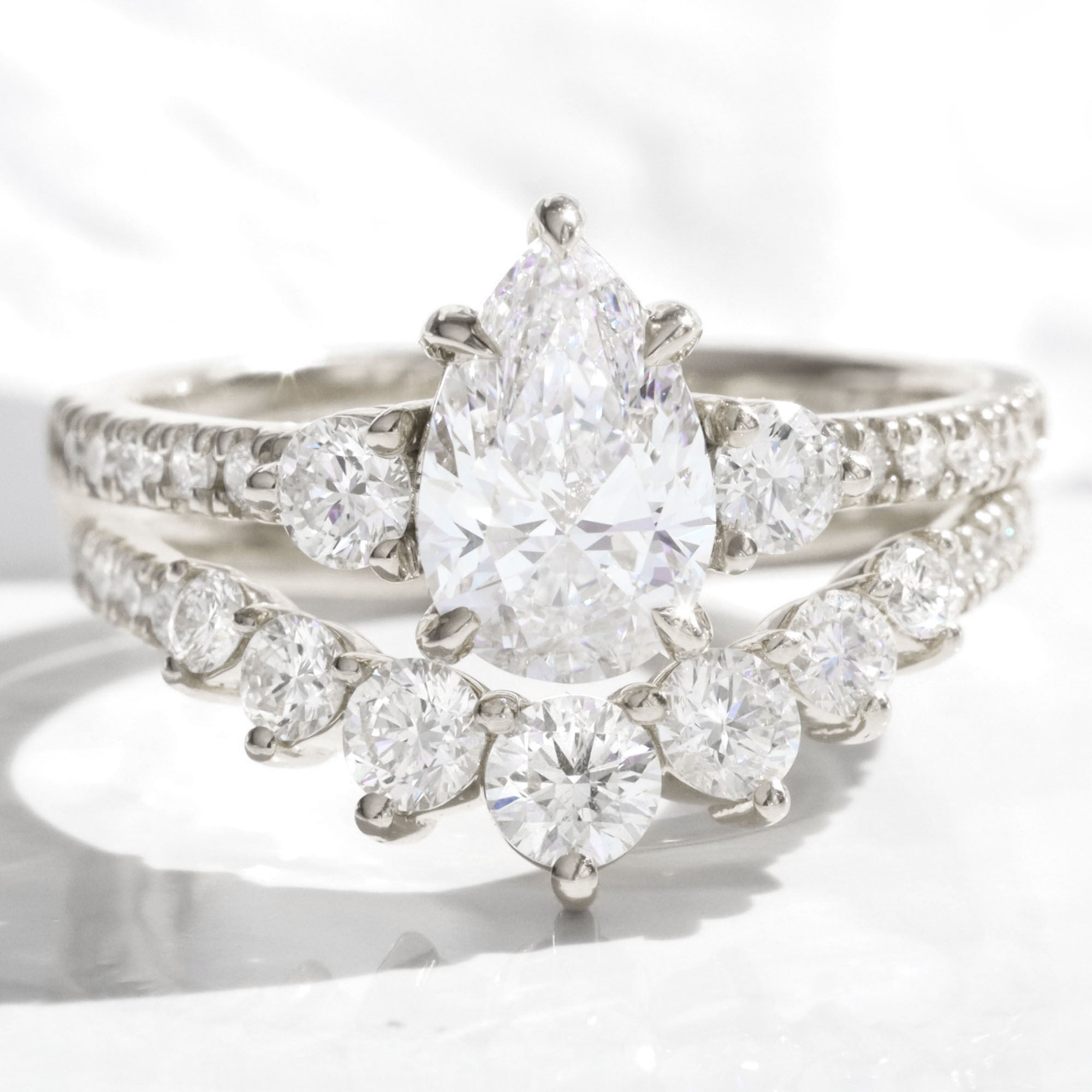 Pear lab diamond 3 stone ring bridal set white gold contour diamond wedding band la more design jewelry