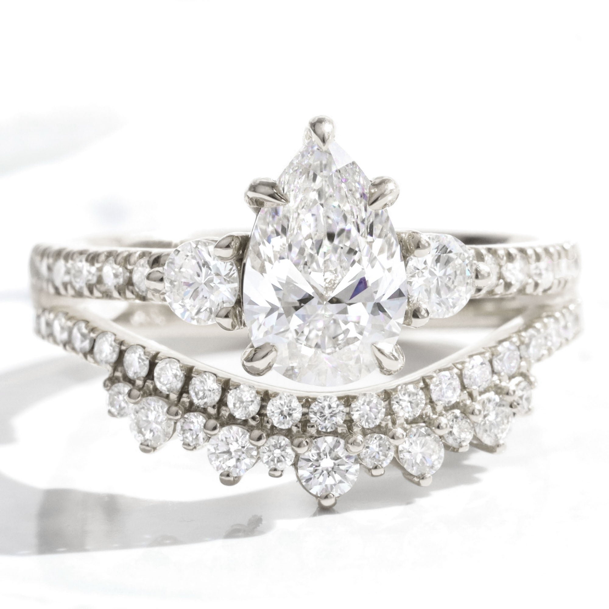 Pear lab diamond 3 stone ring bridal set white gold crown curved diamond wedding band la more design jewelry