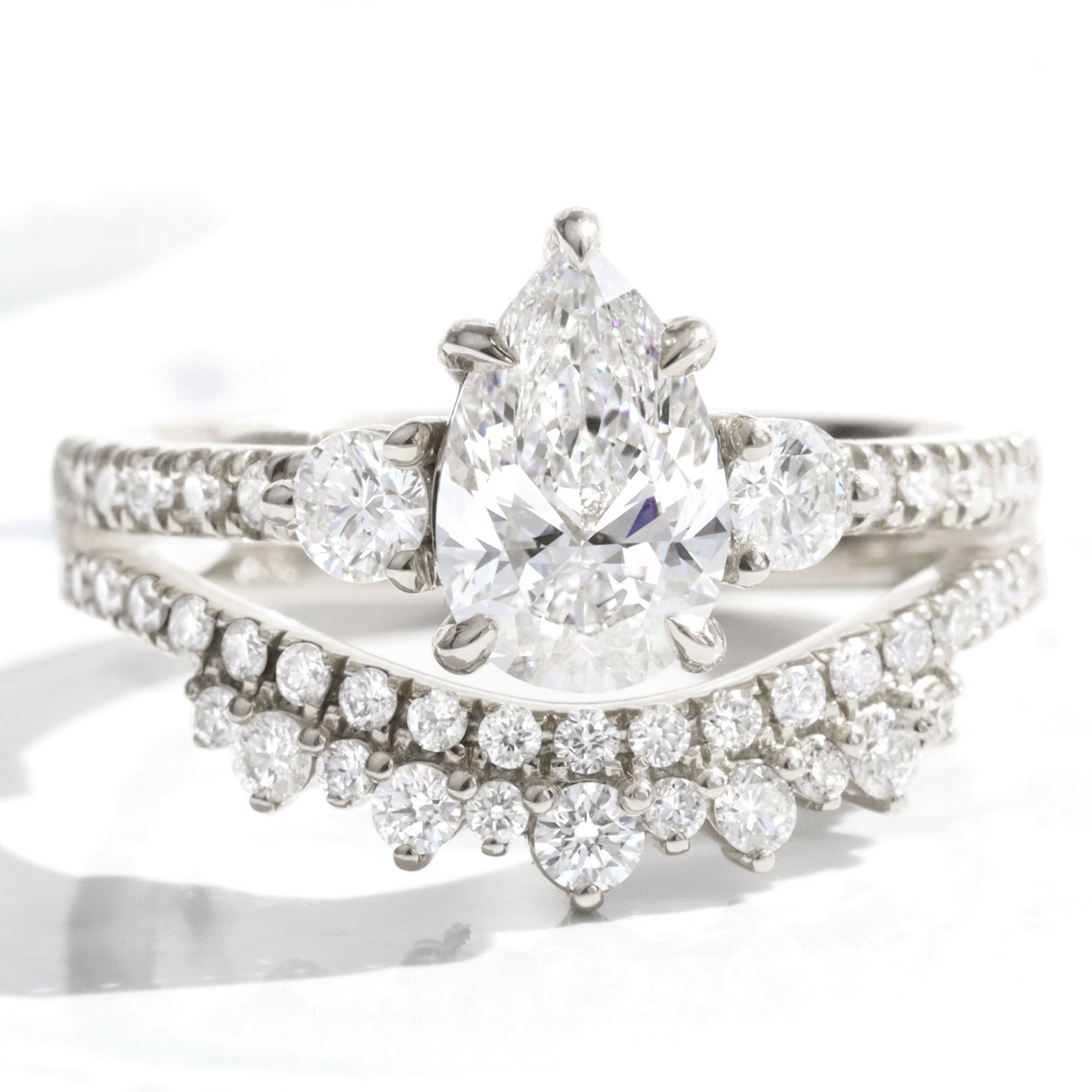 3 Stone Lab Diamond Pave Ring Bridal Set Gold Three Stone Pear Ring ...