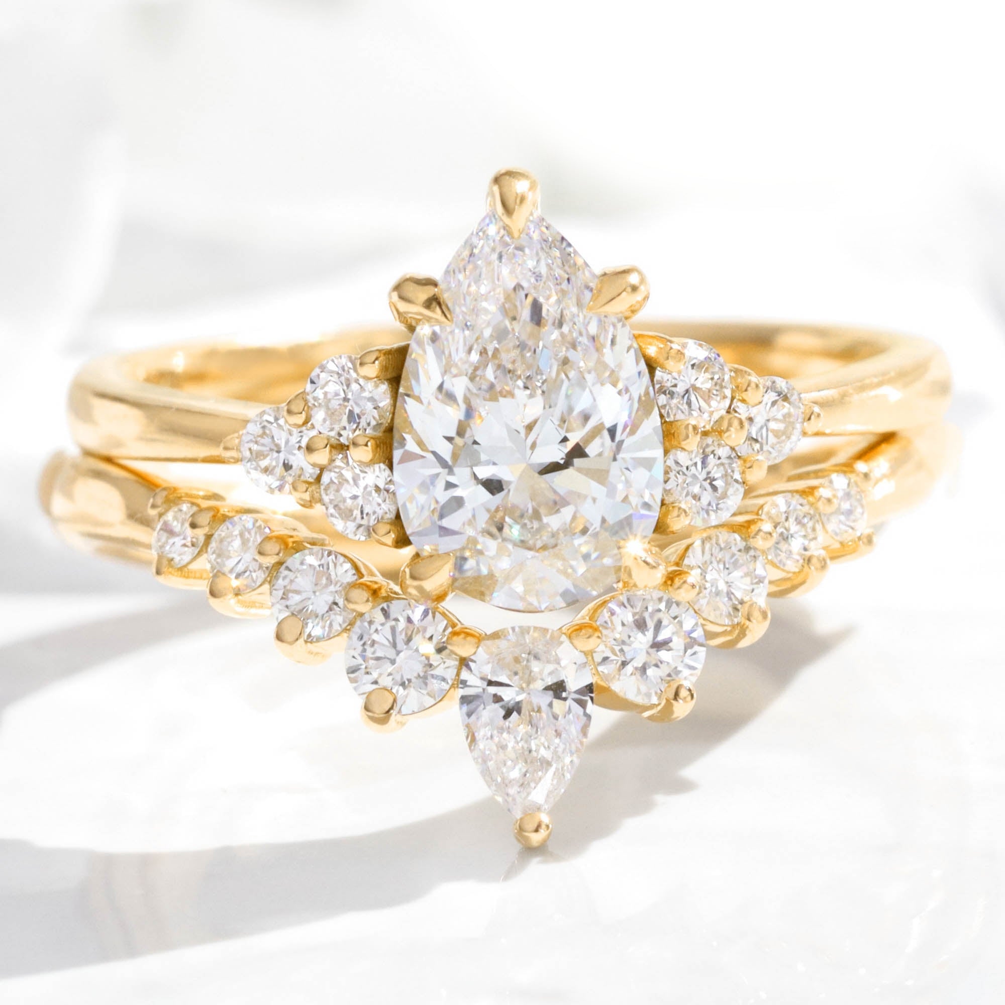 Pear lab diamond 3 stone ring bridal set yellow gold V shaped diamond wedding band la more design jewelry
