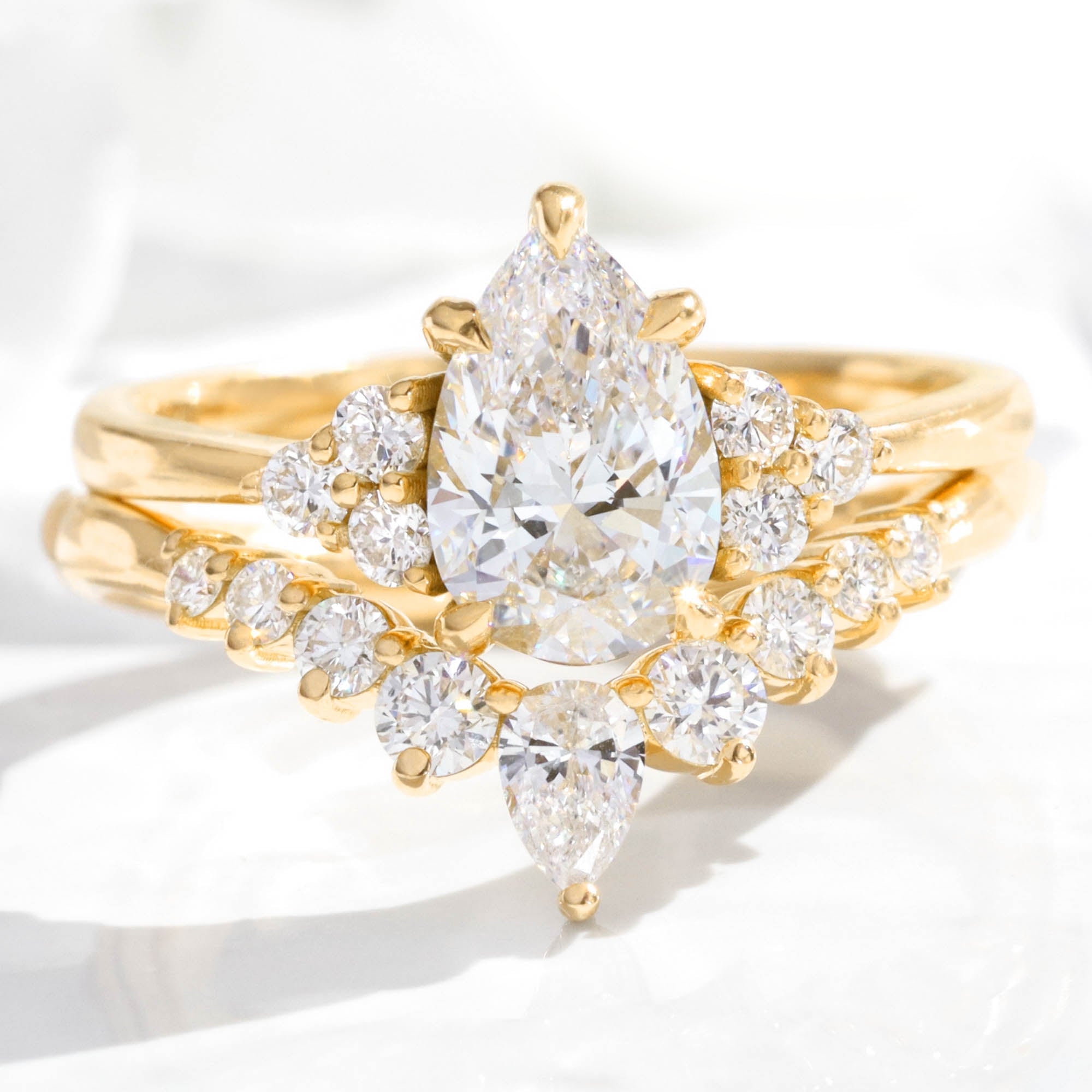 Stone Lab Grown Diamond Ring Bridal Set Gold Pear Three Stone