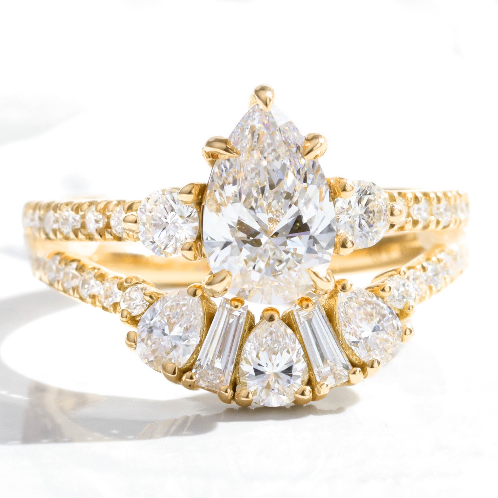 Pear lab diamond 3 stone ring bridal set yellow gold art deco diamond wedding band la more design jewelry