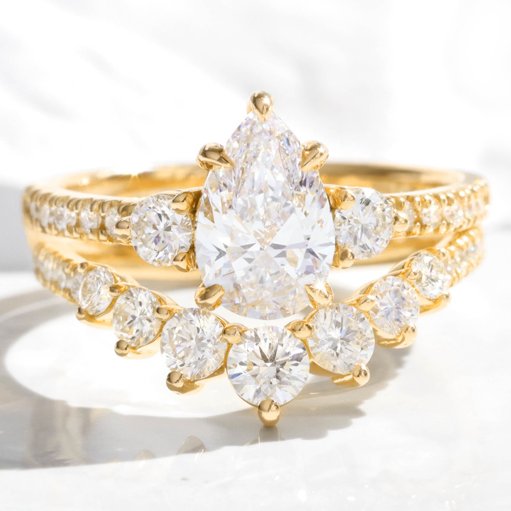 Pear lab diamond 3 stone ring bridal set yellow gold contour diamond wedding band la more design jewelry
