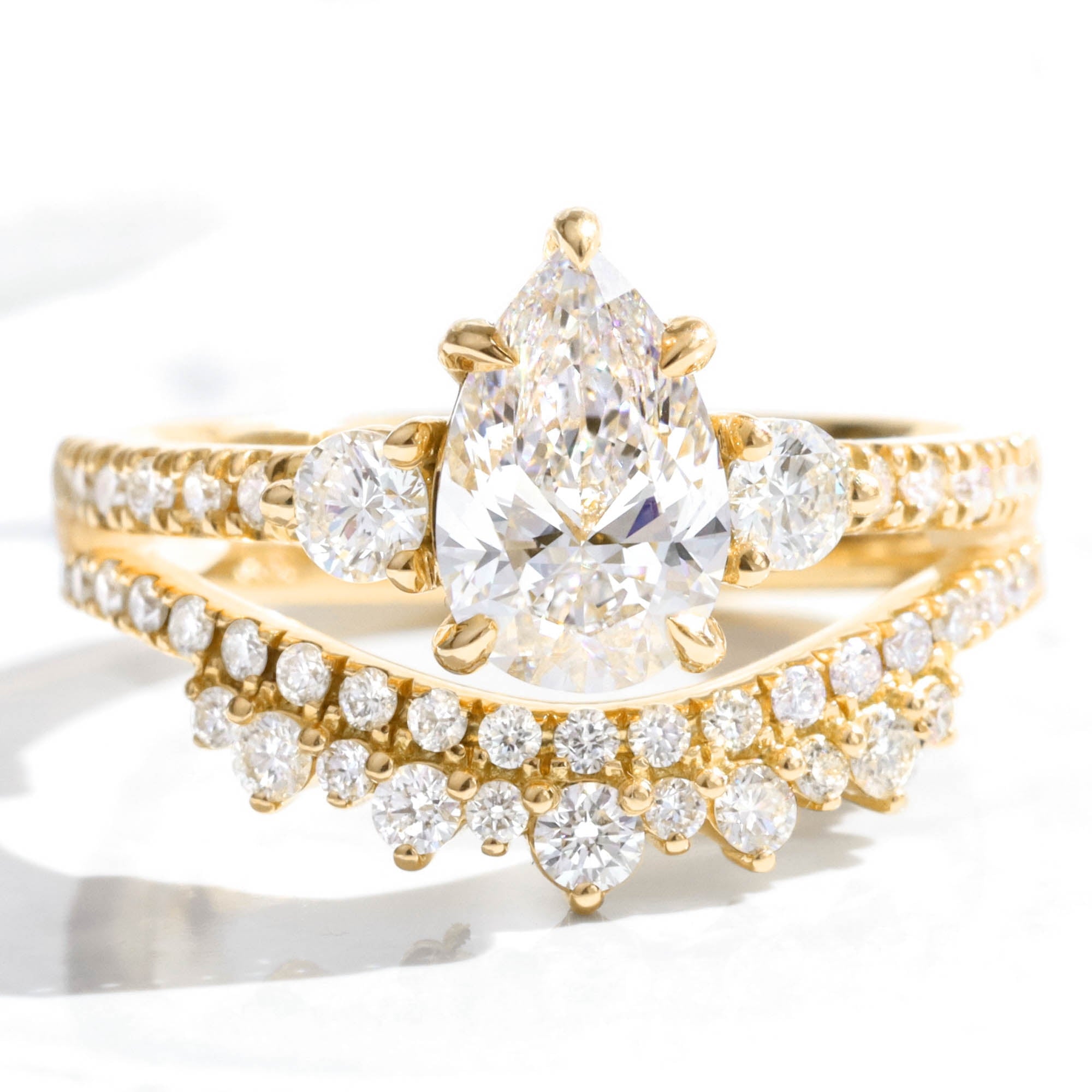 Pear lab diamond 3 stone ring bridal set yellow gold crown curved diamond wedding band la more design jewelry