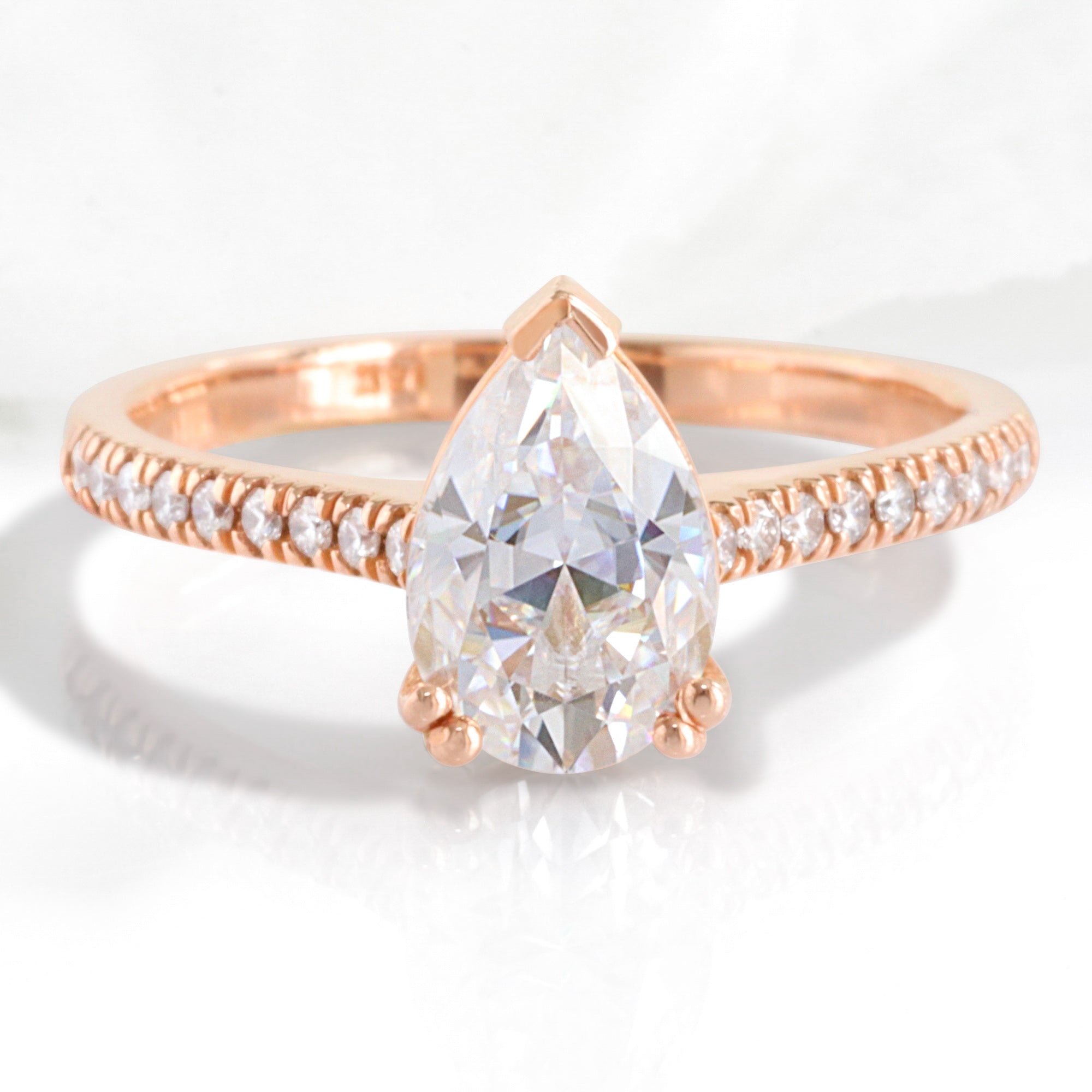 Pear moissanite diamond engagement ring rose gold solitaire moissanite ring la more design jewelry