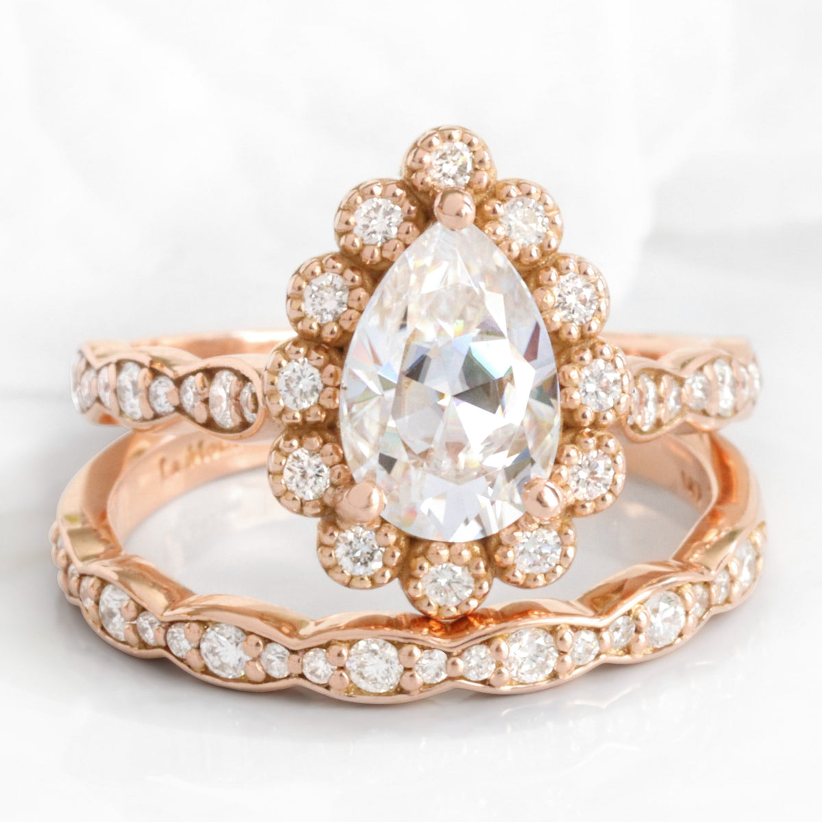 Pear moissanite engagement ring bridal set rose gold vintage halo diamond moissanite ring stack la more design jewelry