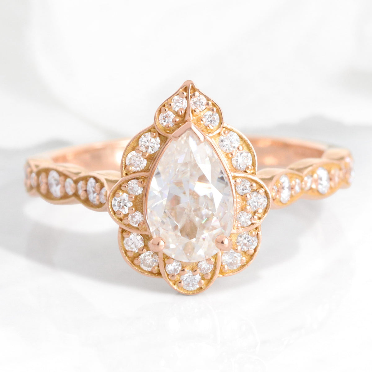 Pear moissanite engagement ring gold vintage halo diamond moissanite ring la more design jewelry