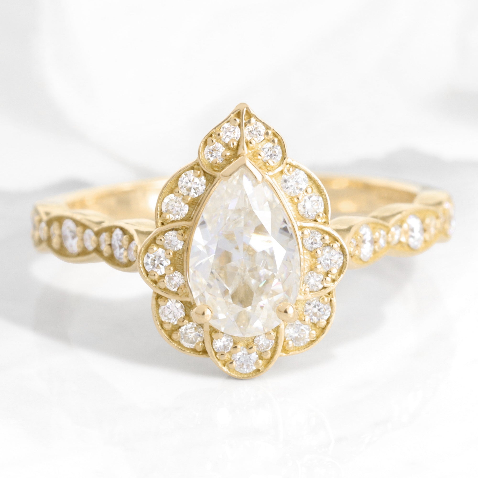 Pear moissanite engagement ring gold vintage halo diamond moissanite ring la more design jewelry