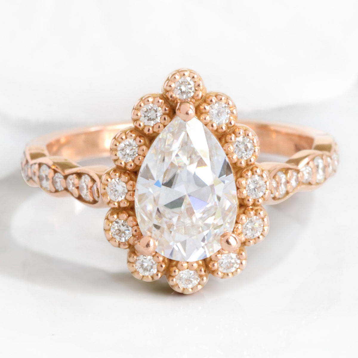 Pear moissanite engagement ring rose gold vintage halo diamond moissanite ring la more design jewelry