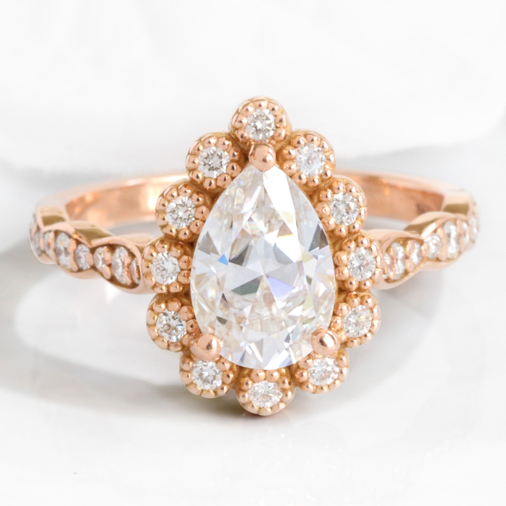 Pear moissanite engagement ring rose gold vintage halo diamond moissanite ring la more design jewelry