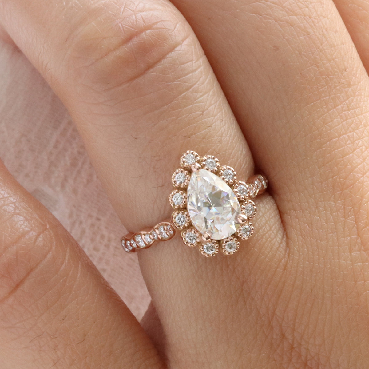 Pear moissanite engagement ring rose gold vintage halo diamond moissanite ring la more design jewelry