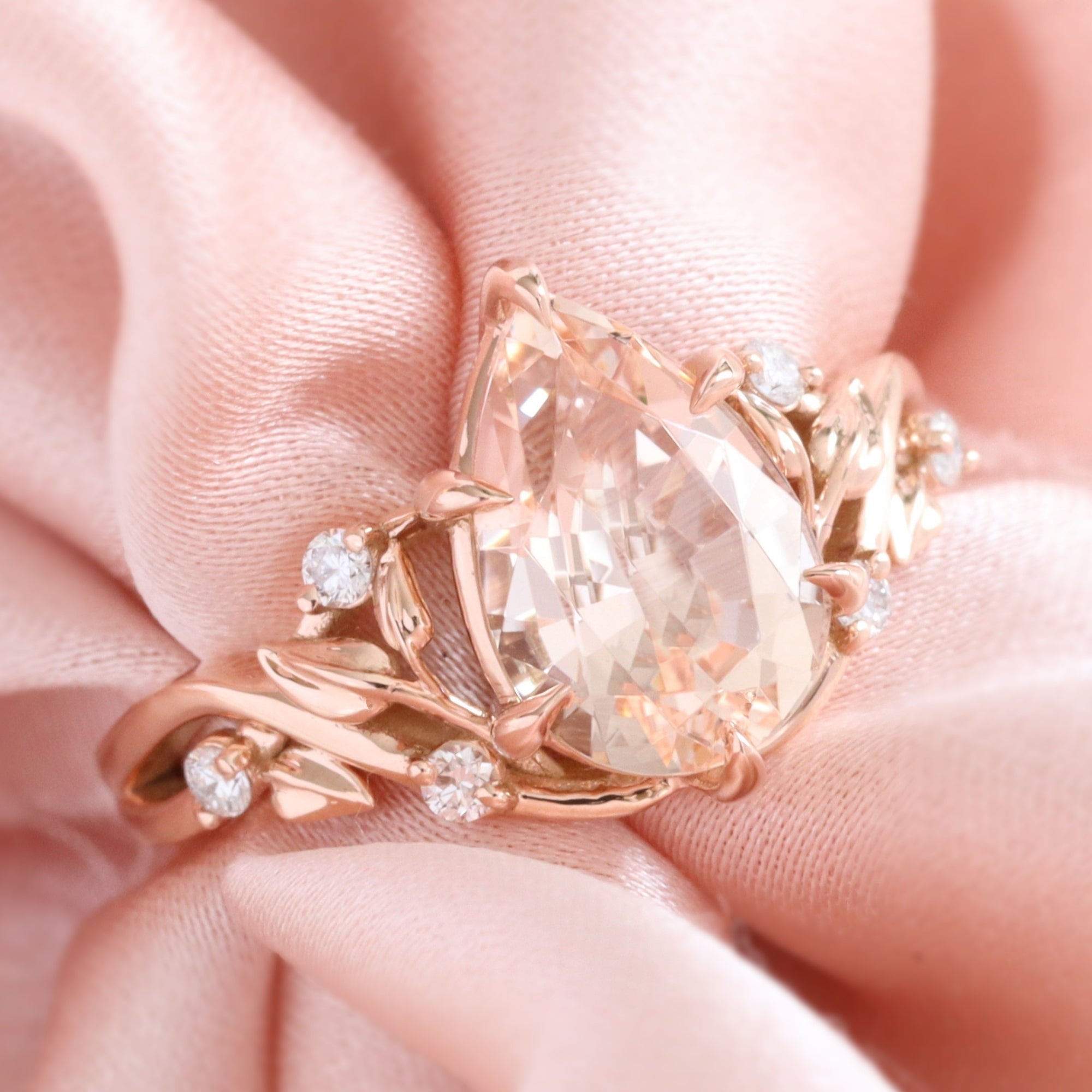 Large Pear Morganite Diamond Ring 14 Rose Gold Floral Solitaire