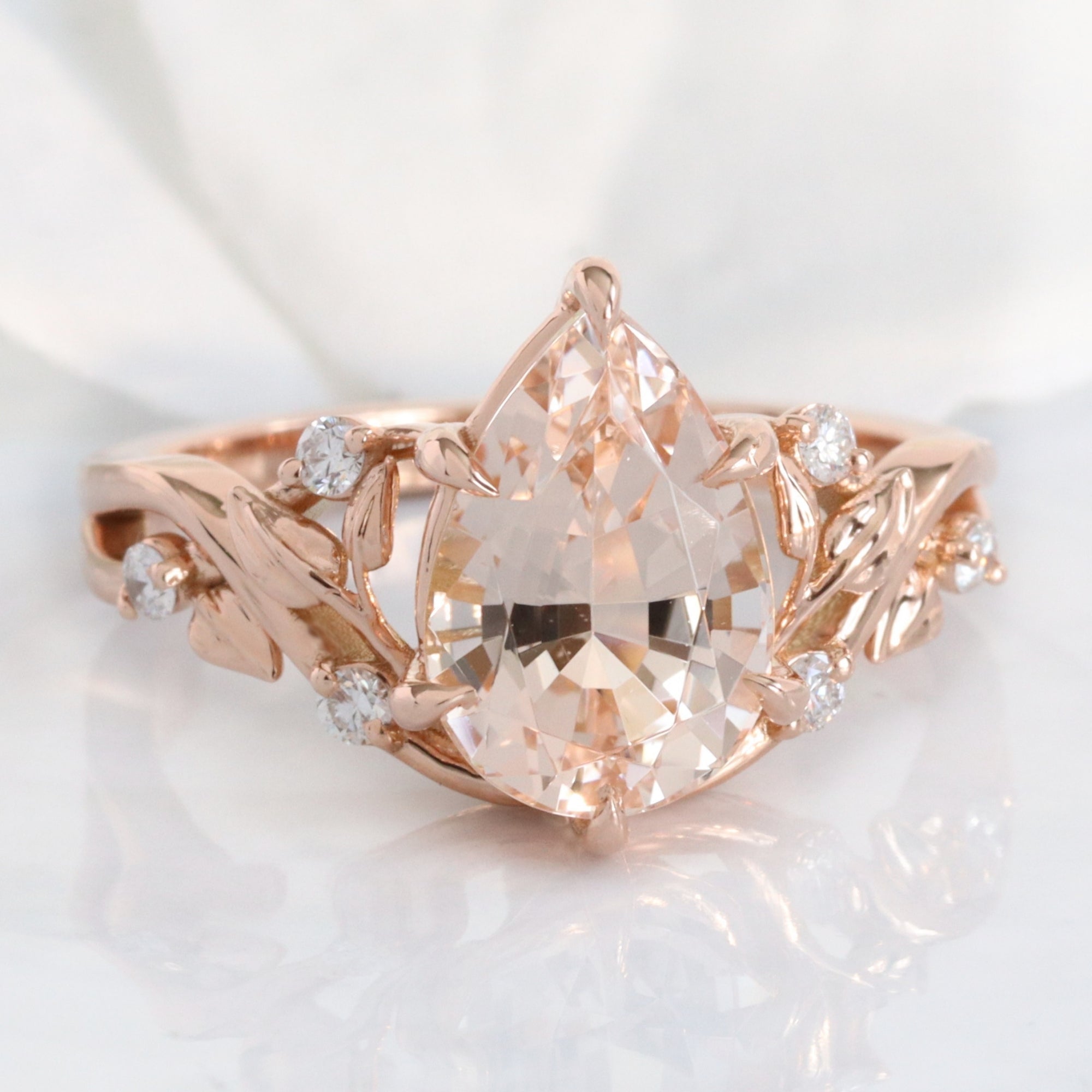 Pear morganite ring rose gold floral leaf diamond morganite solitaire ring la more design jewelry