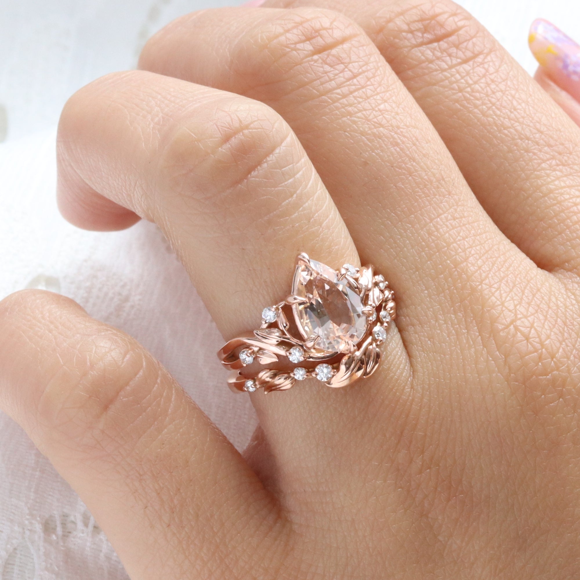 Pear morganite ring rose gold floral leaf diamond morganite solitaire ring la more design jewelry