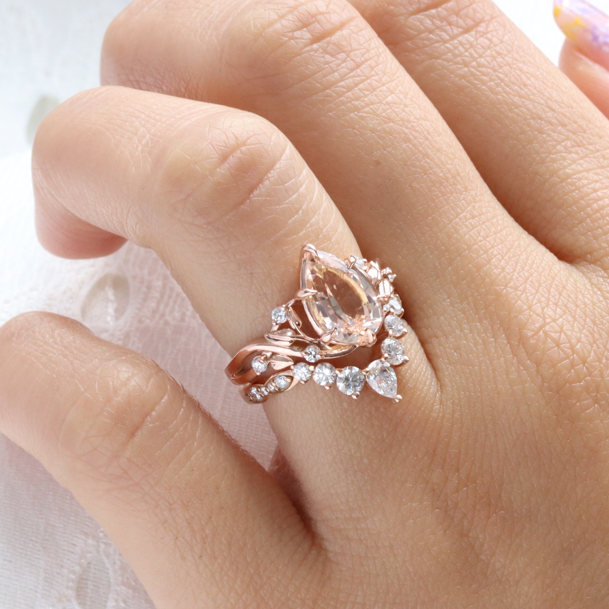 Pear morganite ring rose gold floral leaf diamond morganite solitaire ring la more design jewelry