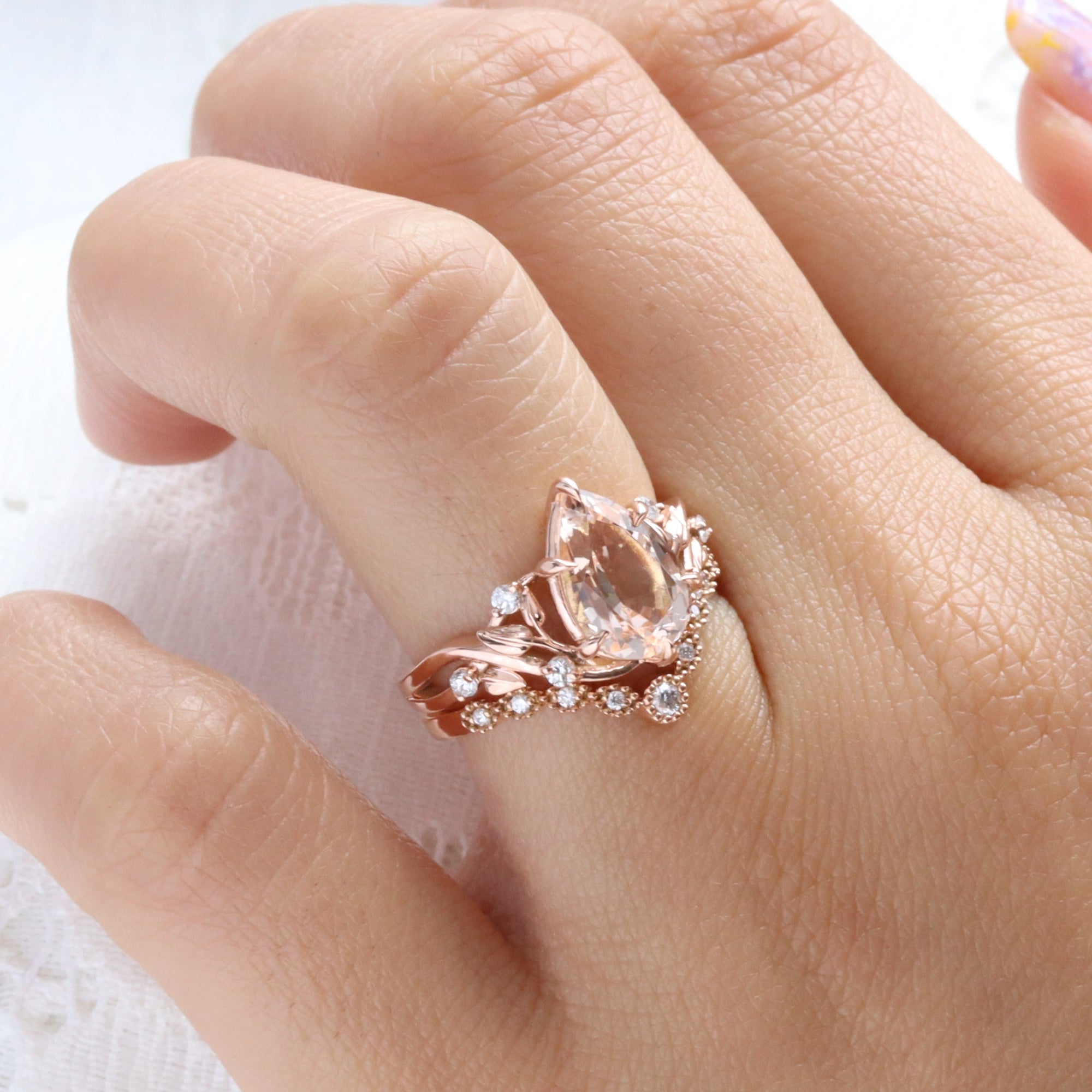 Pear morganite ring rose gold floral leaf diamond morganite solitaire ring la more design jewelry