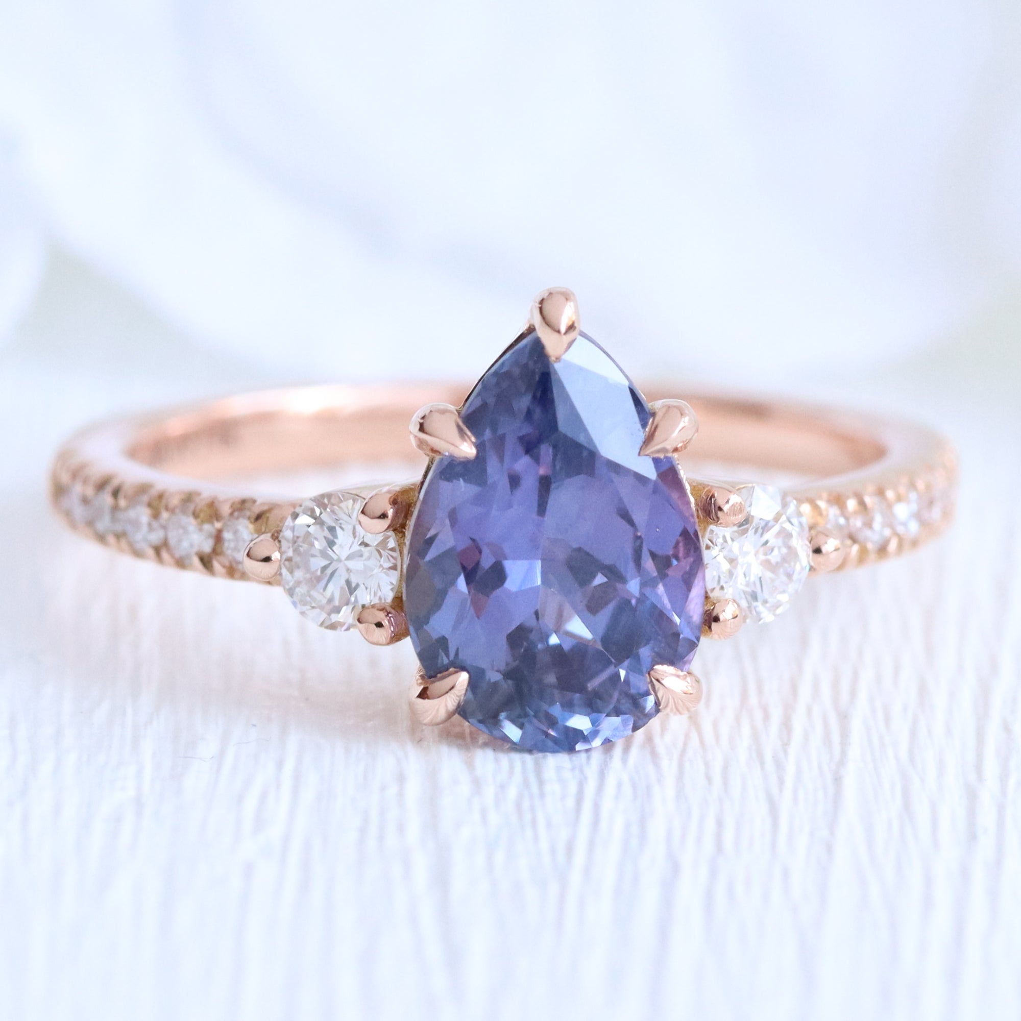 Pear purple sapphire ring rose gold 3 stone diamond ring la more design jewelry