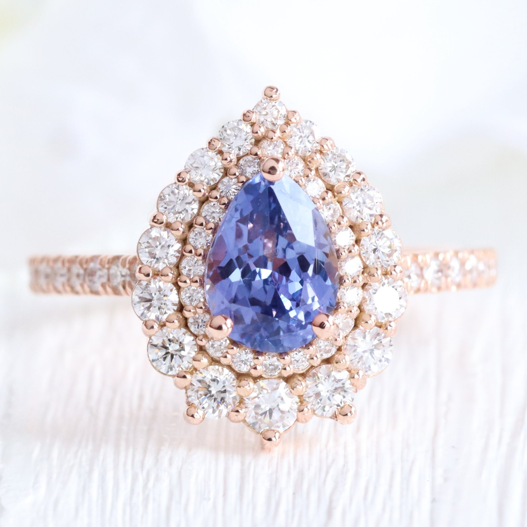 Pear lavender purple sapphire ring rose gold double halo diamond engagement ring la more design jewelry
