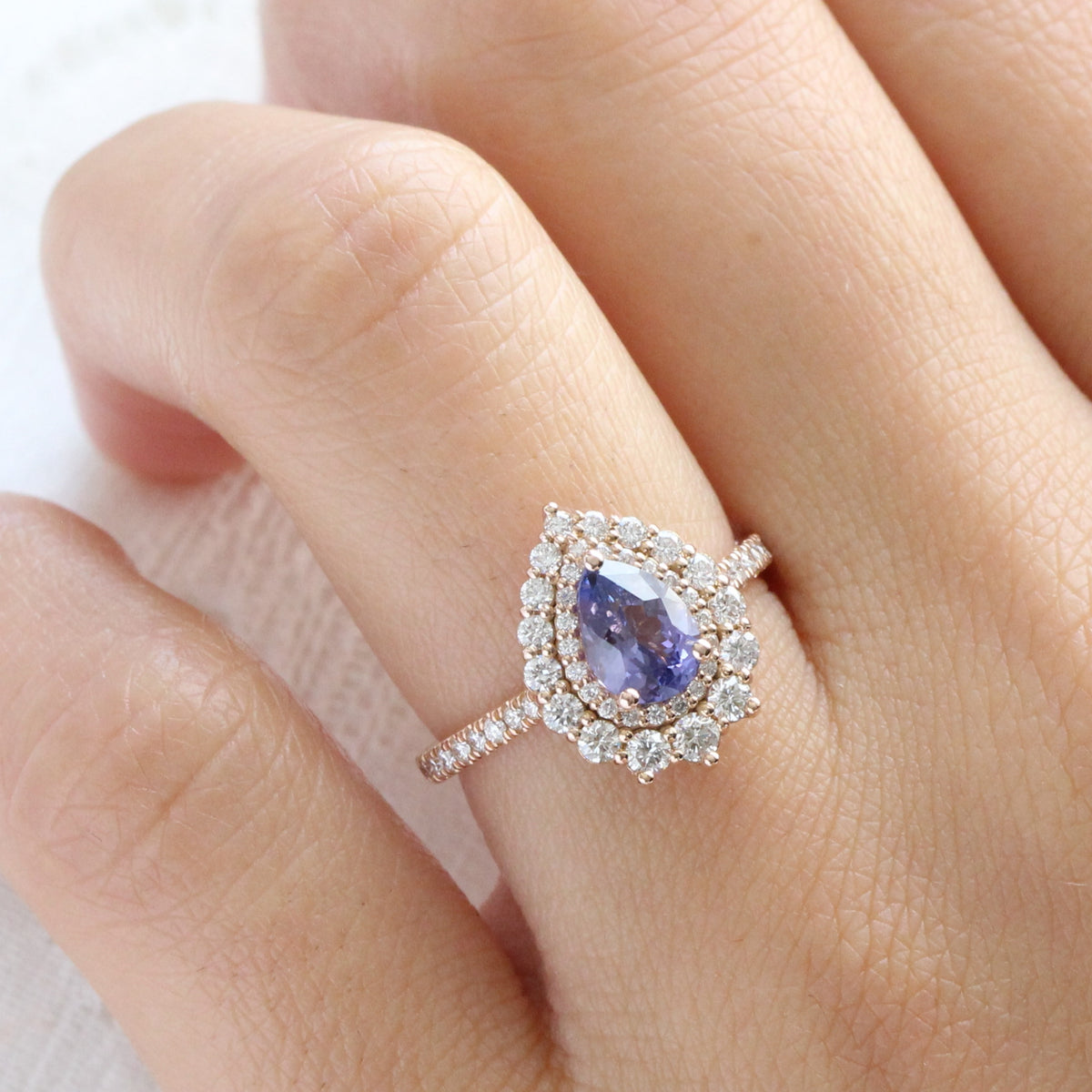 Pear lavender purple sapphire ring rose gold double halo diamond engagement ring la more design jewelry