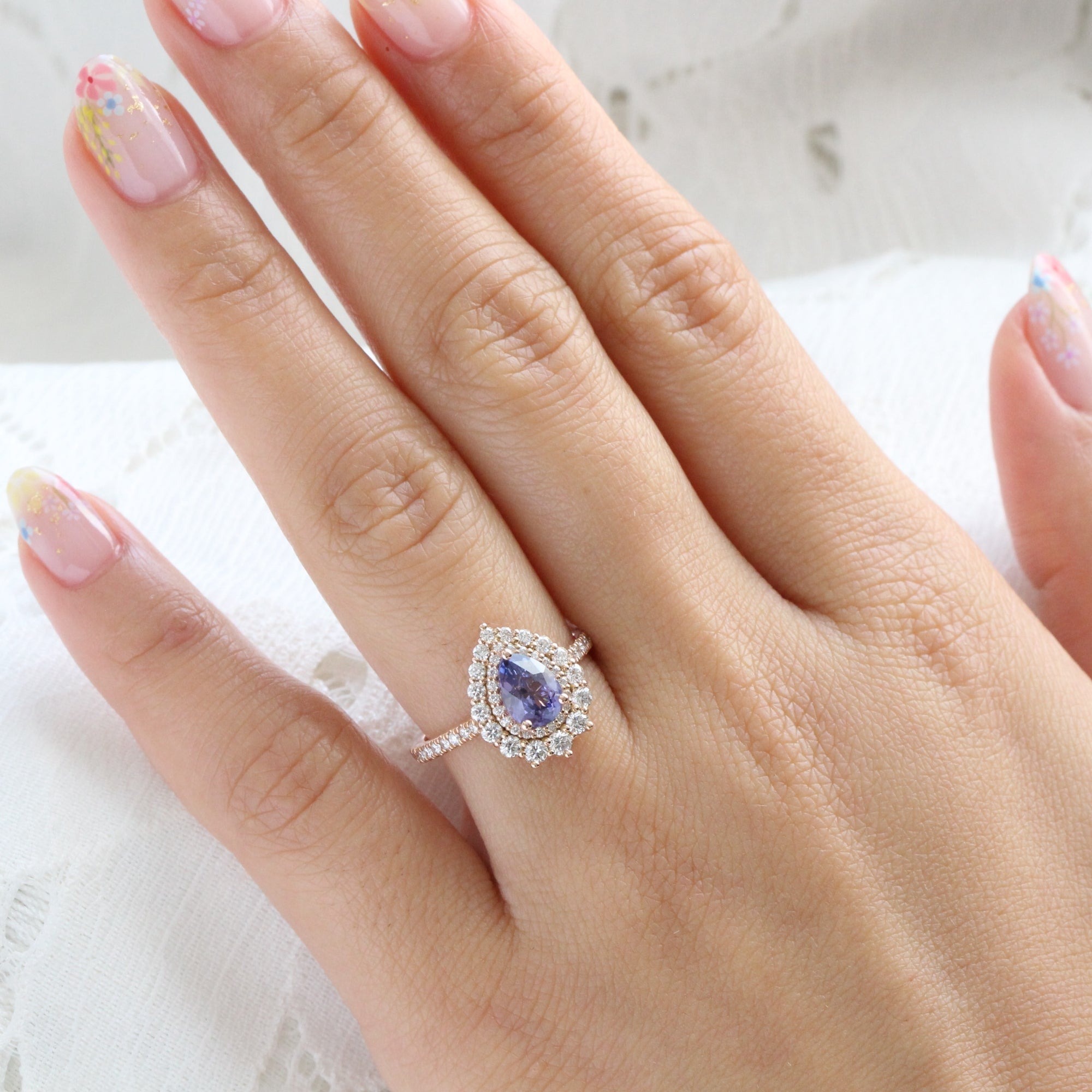 Pear lavender purple sapphire ring rose gold double halo diamond engagement ring la more design jewelry